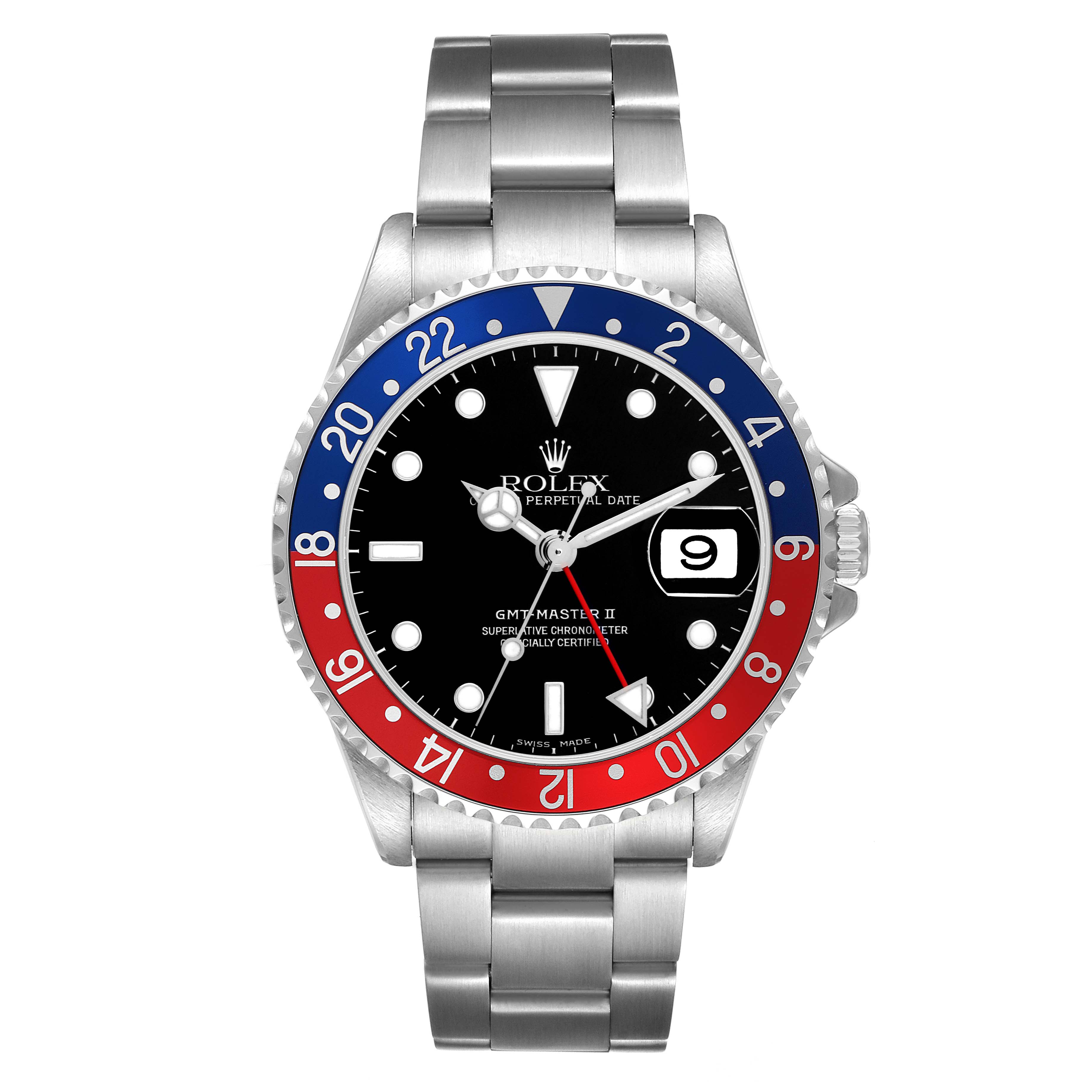 The Rolex GMT-Master model 16710 is shown from a front angle, displaying its bezel, dial, hands, and bracelet.