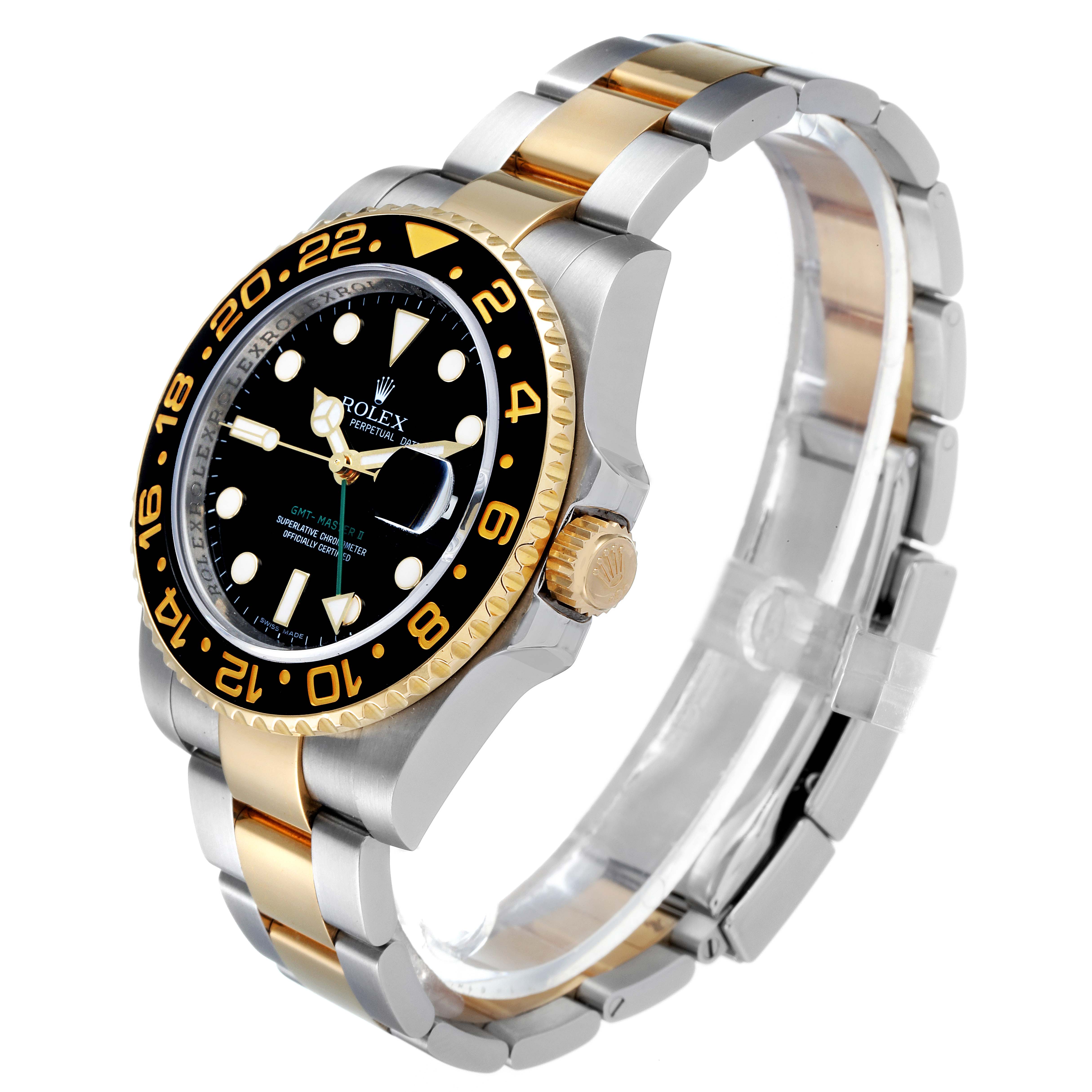 This is a side-angle view of a Rolex GMT-Master 116713 Men's Steel and Gold (two tone) Black Dial 116713 Men's Steel and Gold (two tone) Black Dial, showcasing its face, bezel, crown, and two-tone bracelet.