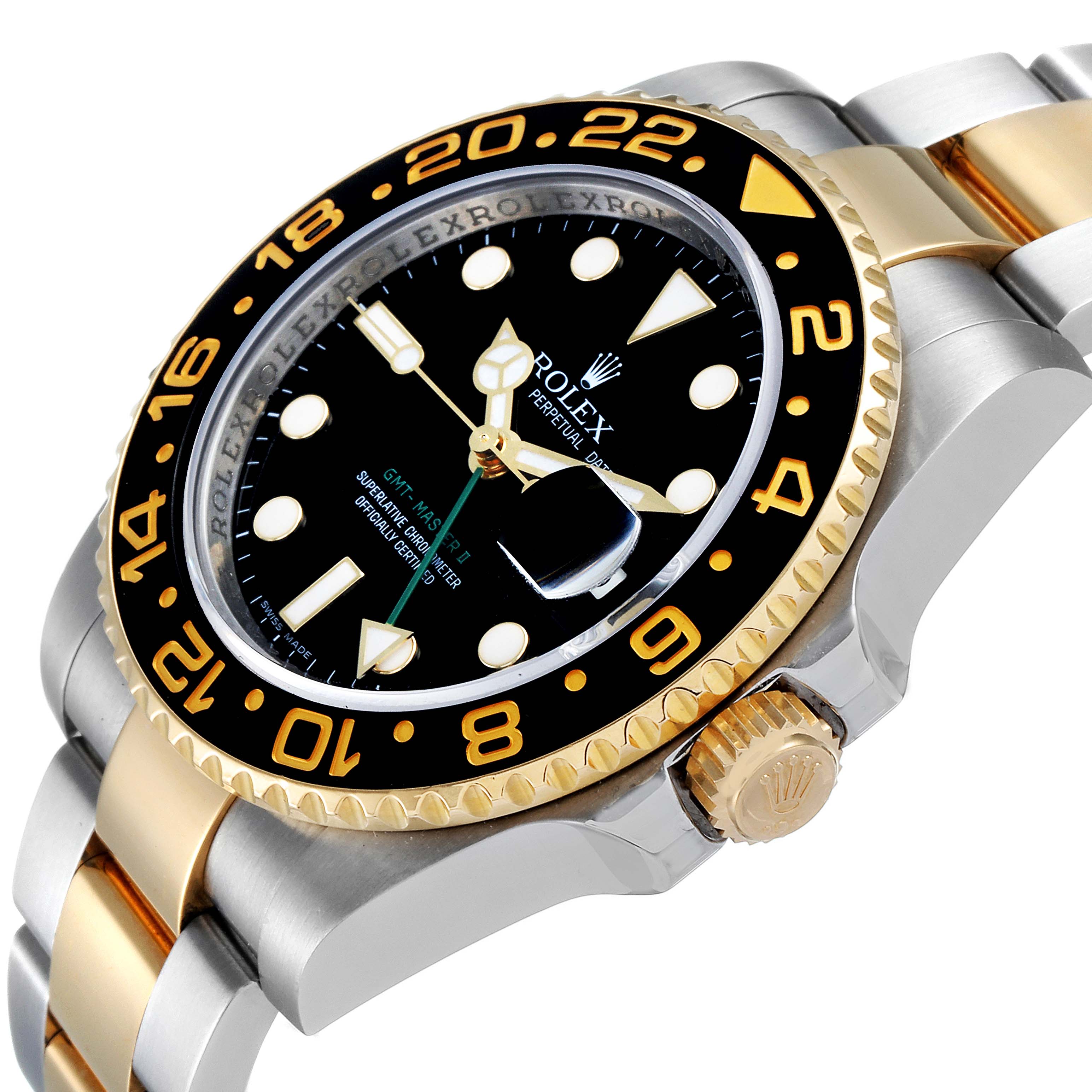 The image shows a close-up angle of a Rolex GMT-Master 116713 Men's Steel and Gold (two tone) Black Dial 116713 Men's Steel and Gold (two tone) Black Dial watch, highlighting the bezel, crown, dial, and bracelet.