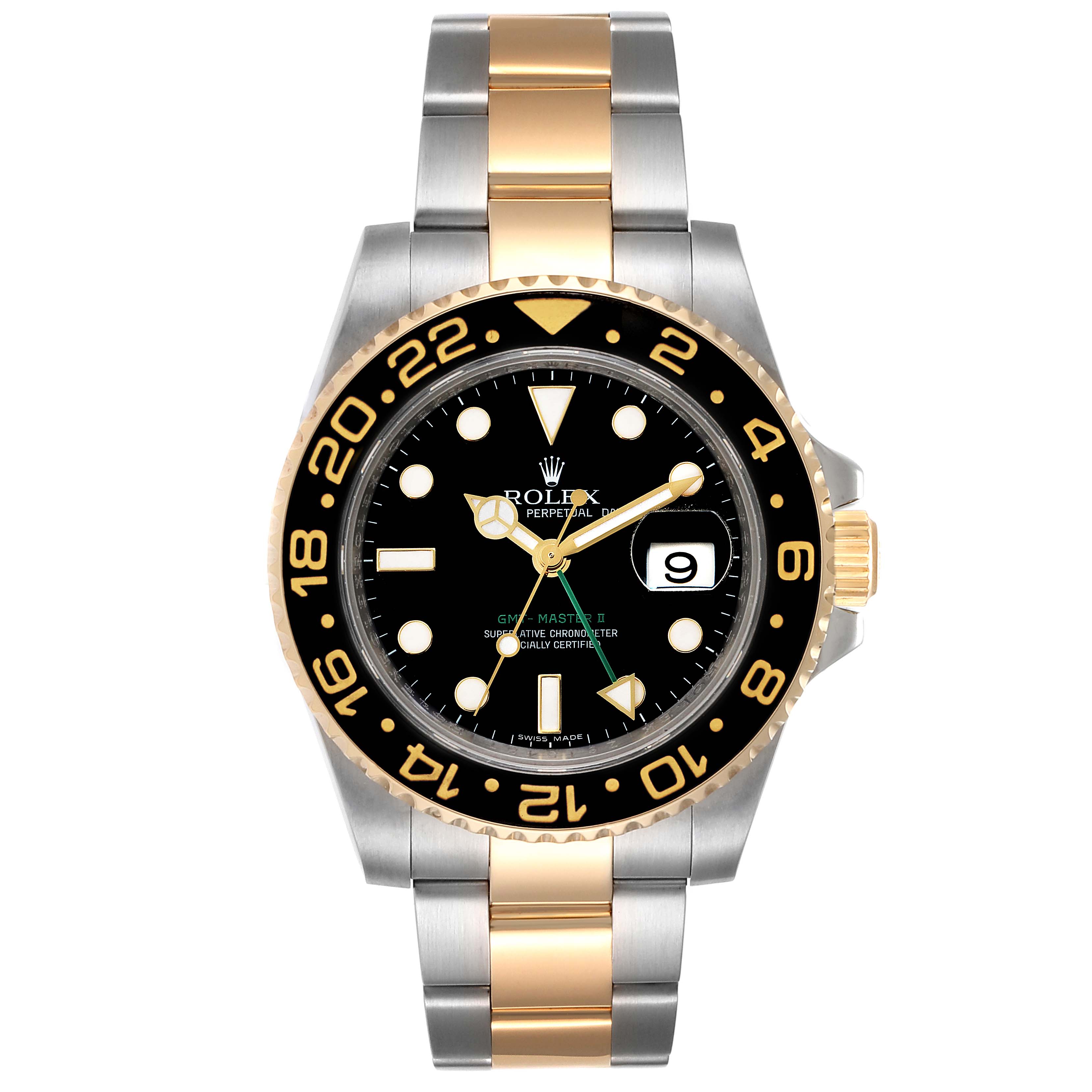 The image shows a front view of a Rolex GMT-Master 116713 Men's Steel and Gold (two tone) Black Dial 116713 Men's Steel and Gold (two tone) Black Dial watch, highlighting the dial, bezel, and two-tone bracelet.