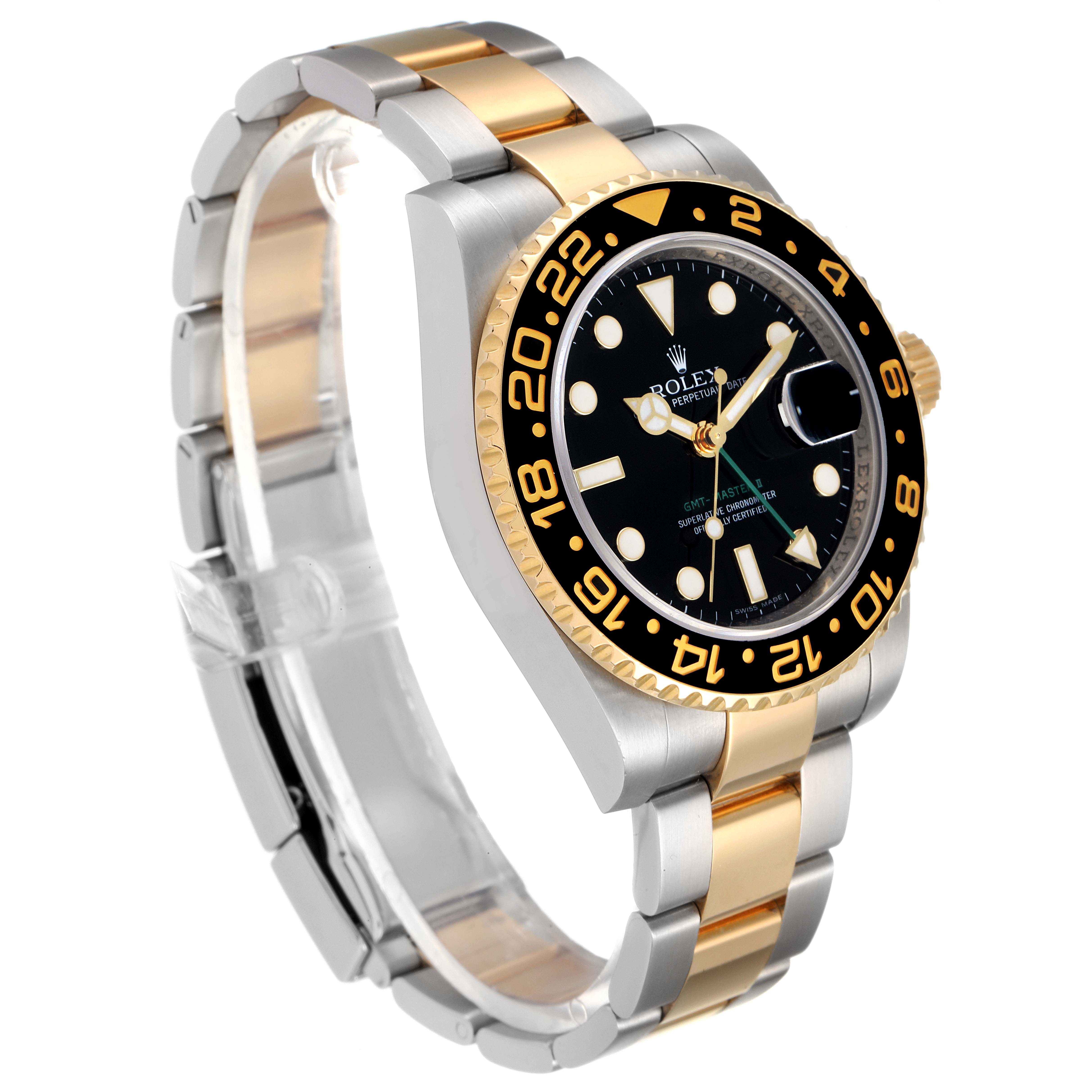 The Rolex GMT-Master 116713 Men's Steel and Gold (two tone) Black Dial 116713 Men's Steel and Gold (two tone) Black Dial watch is shown at a slight angle, highlighting its black bezel, dial, and two-tone bracelet.