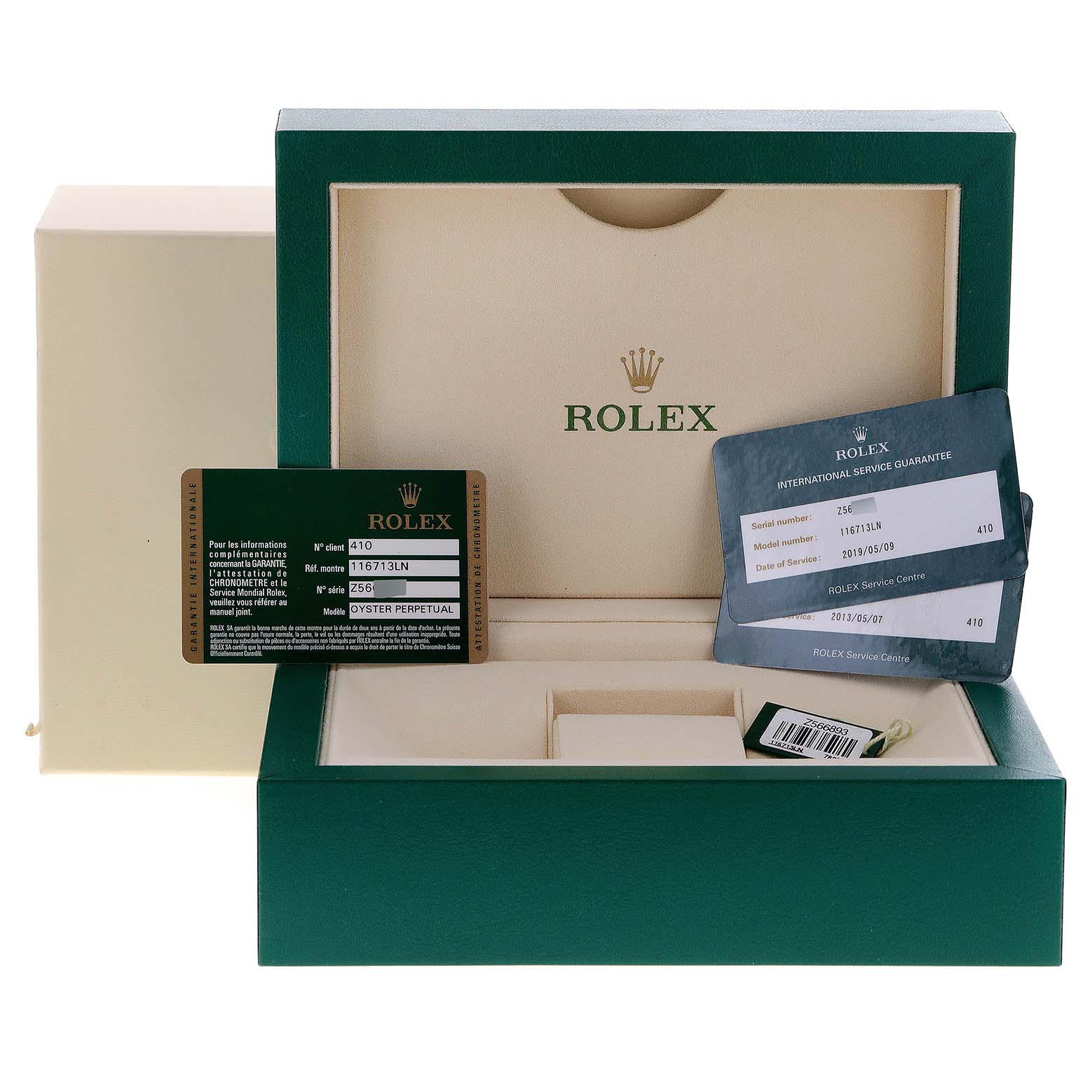 The image shows the packaging, warranty cards, and accessories for a Rolex GMT-Master 116713 Men's Steel and Gold (two tone) Black Dial 116713 Men's Steel and Gold (two tone) Black Dial watch.