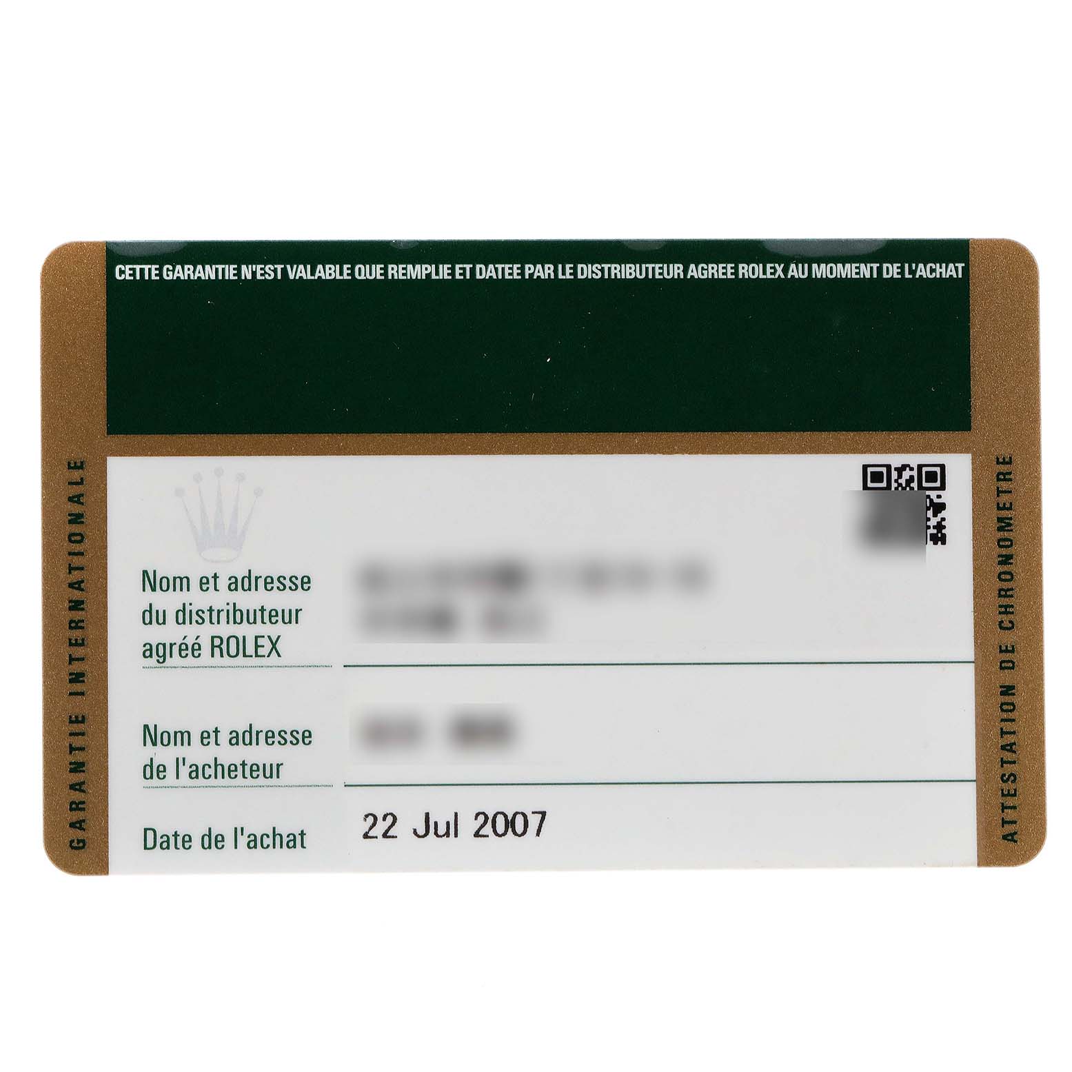 The image shows the international warranty card for a Rolex GMT-Master 116713 Men's Steel and Gold (two tone) Black Dial 116713 Men's Steel and Gold (two tone) Black Dial, displaying purchase details and validation information.