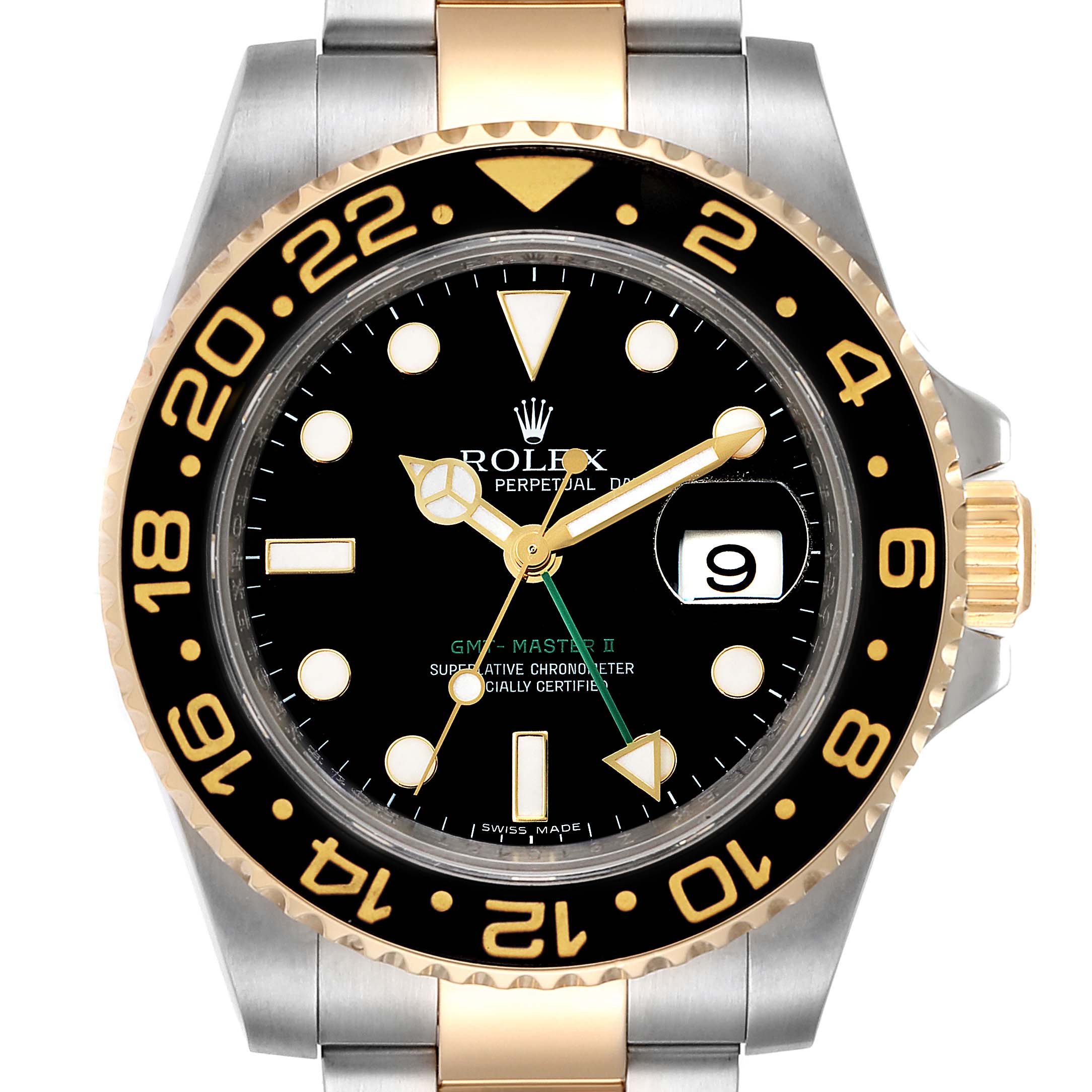 The image shows a front view of a Rolex GMT-Master 116713 Men's Steel and Gold (two tone) Black Dial 116713 Men's Steel and Gold (two tone) Black Dial II watch, displaying the dial, bezel, crown, and part of the bracelet.