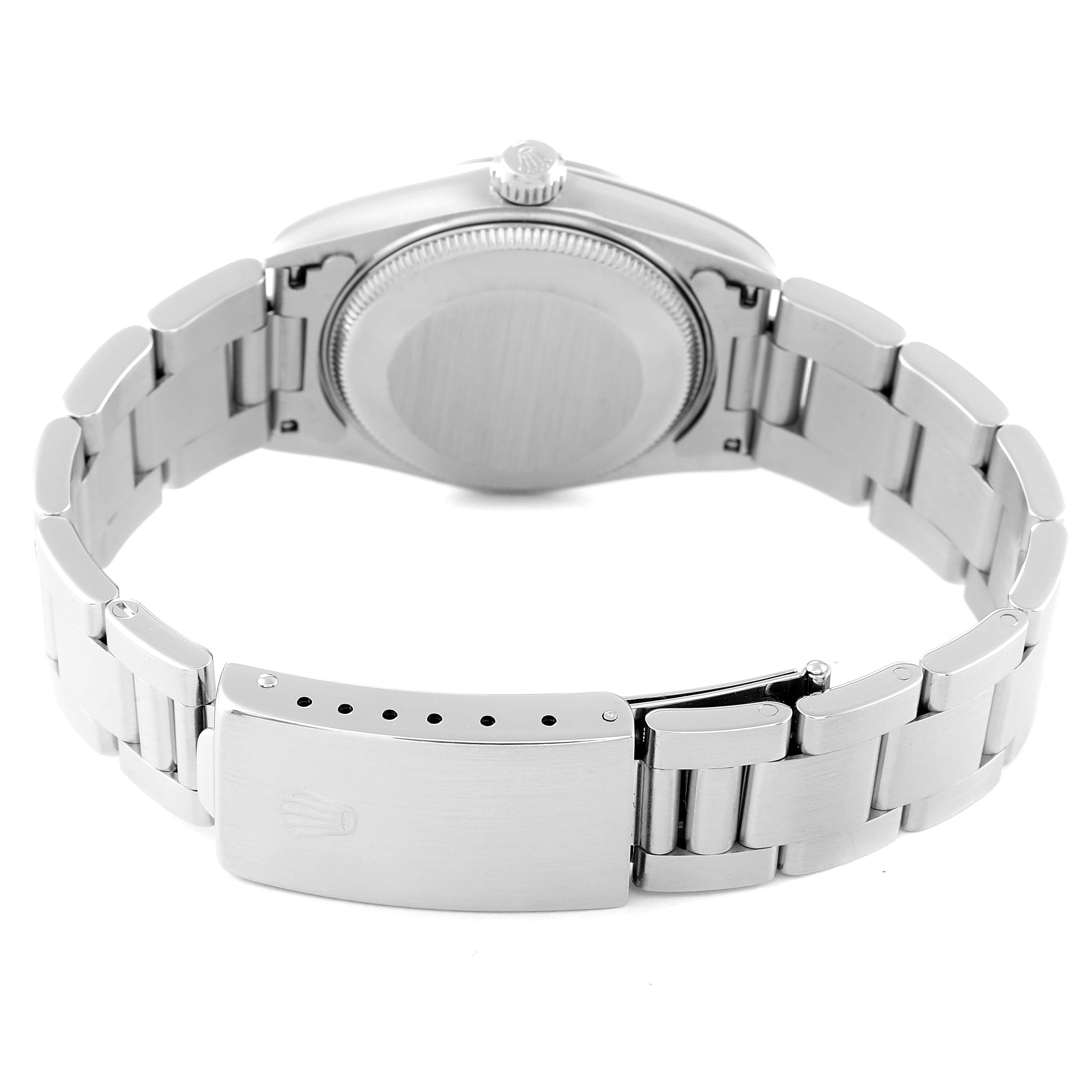 This image shows the back and clasp of a Rolex Mid-Size 68240 Women's Stainless Steel White Dial 68240 Women's Stainless Steel White Dial watch, featuring the bracelet and case back.
