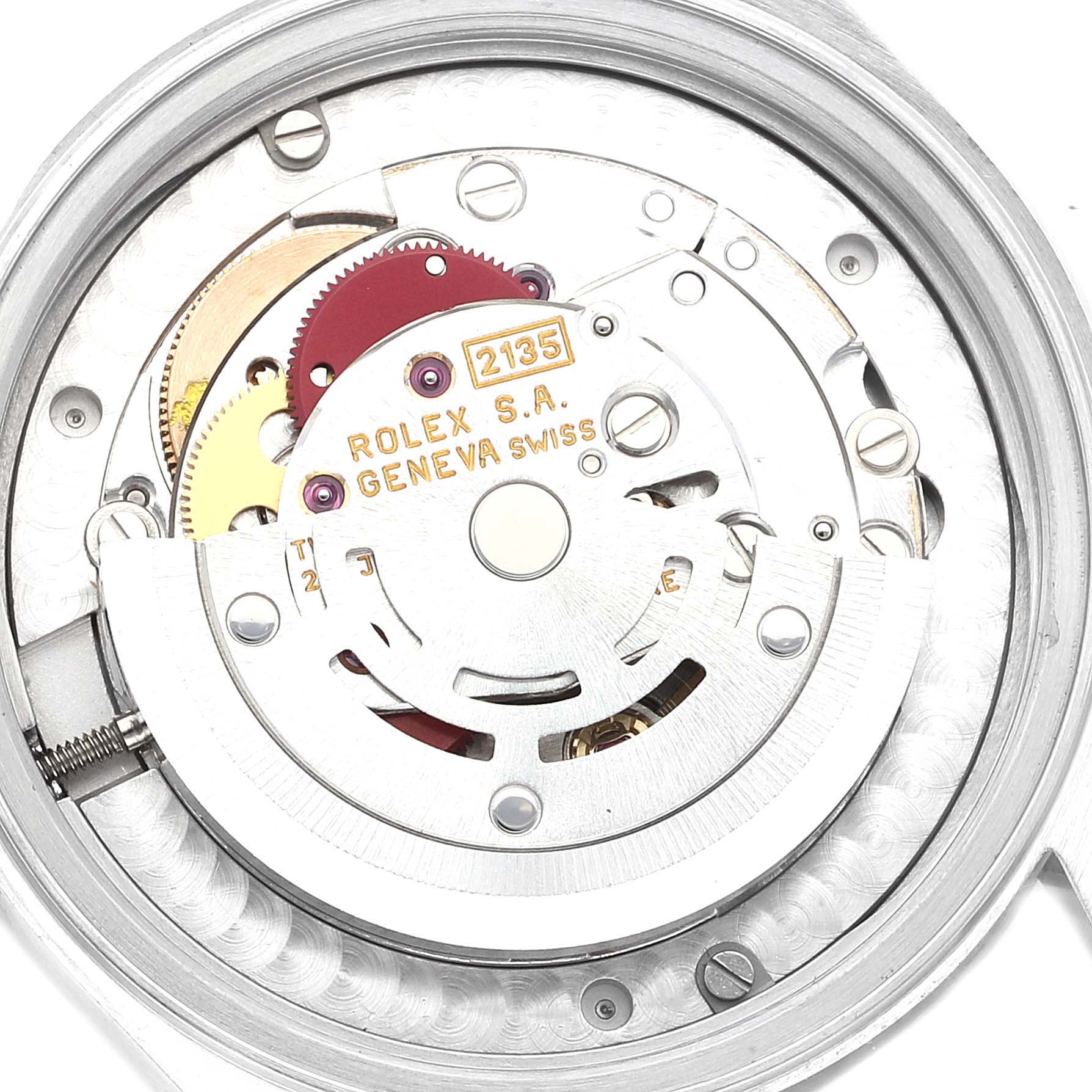 This image shows the internal mechanism of a Rolex Mid-Size 68240 Women's Stainless Steel White Dial 68240 Women's Stainless Steel White Dial model from a top-down angle.