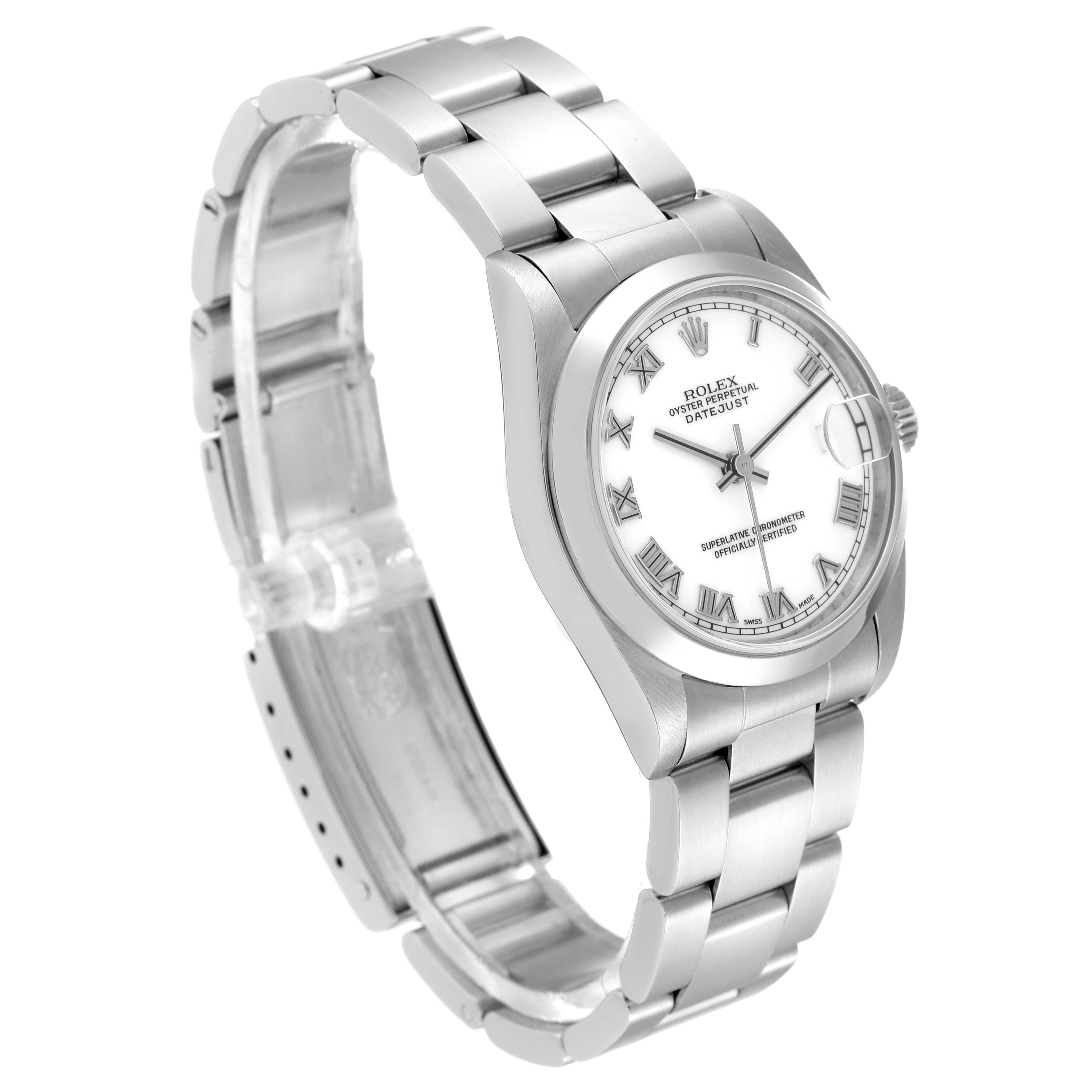 This image shows a Rolex Mid-Size 68240 Women's Stainless Steel White Dial 68240 Women's Stainless Steel White Dial Oyster Perpetual Datejust watch angled to display the face and bracelet.