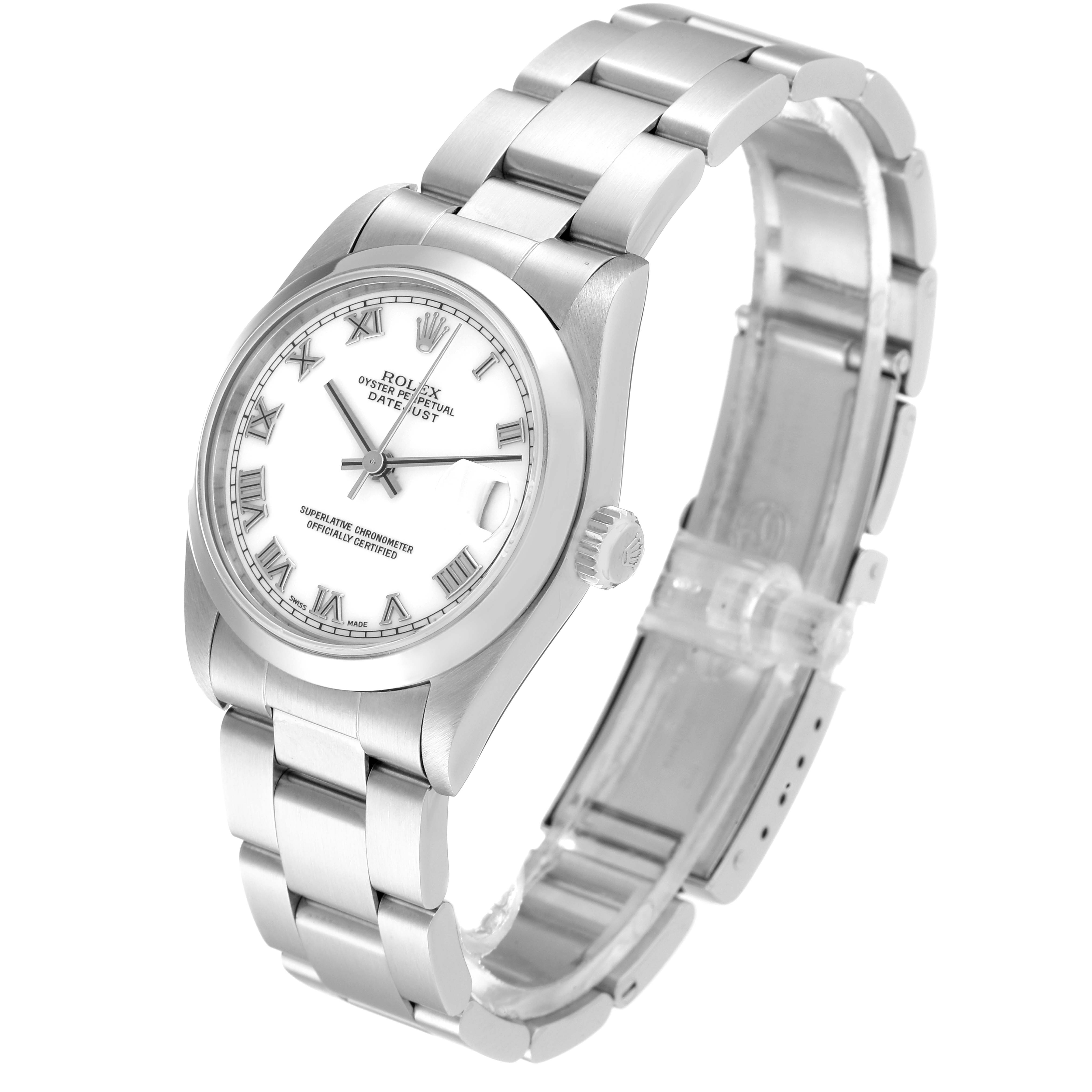 The image shows a Rolex Oyster Perpetual Datejust Mid-Size model at a three-quarter angle, highlighting the dial, case, crown, and bracelet.