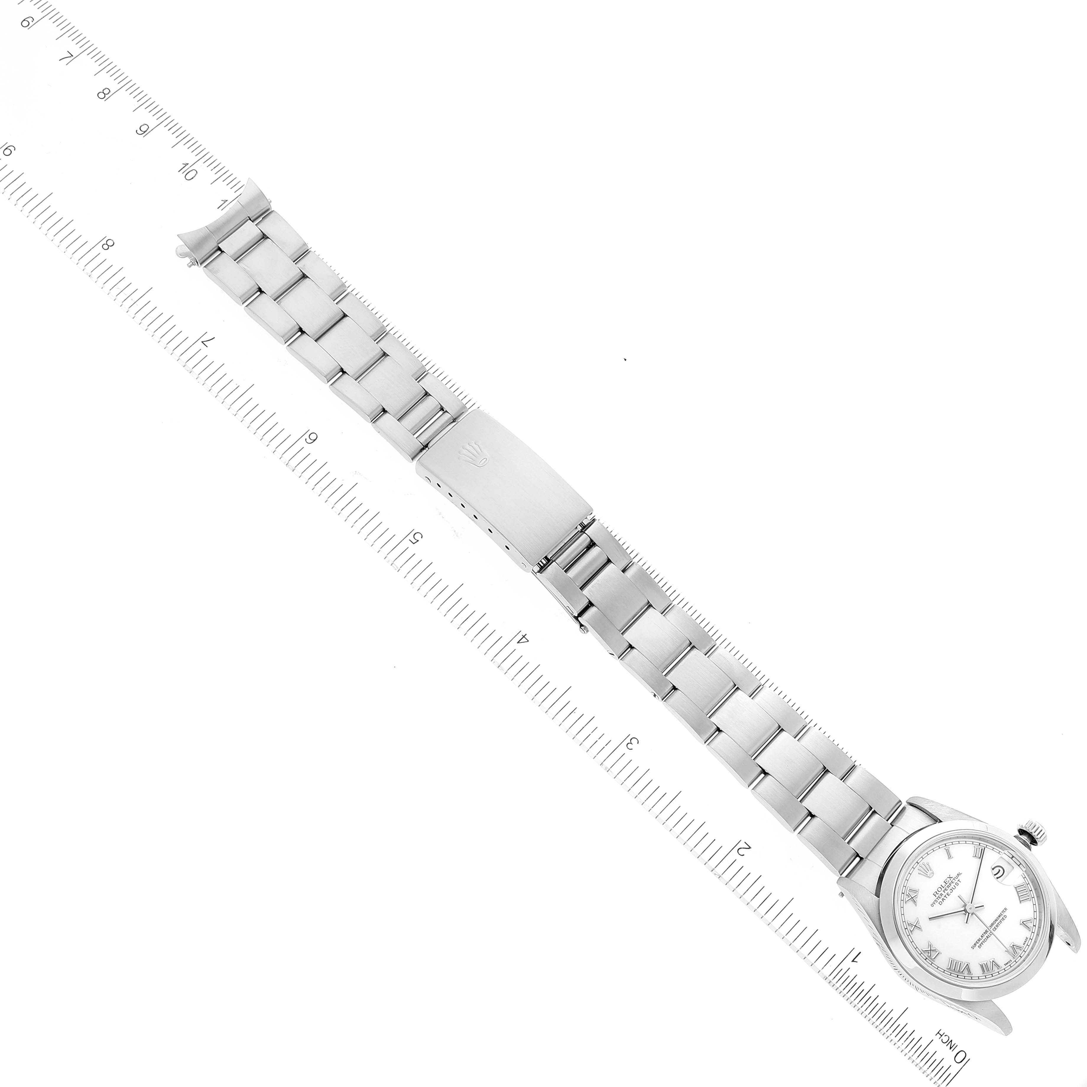 This image shows a top view of a Rolex Mid-Size 68240 Women's Stainless Steel White Dial 68240 Women's Stainless Steel White Dial watch displaying the full bracelet and watch face.