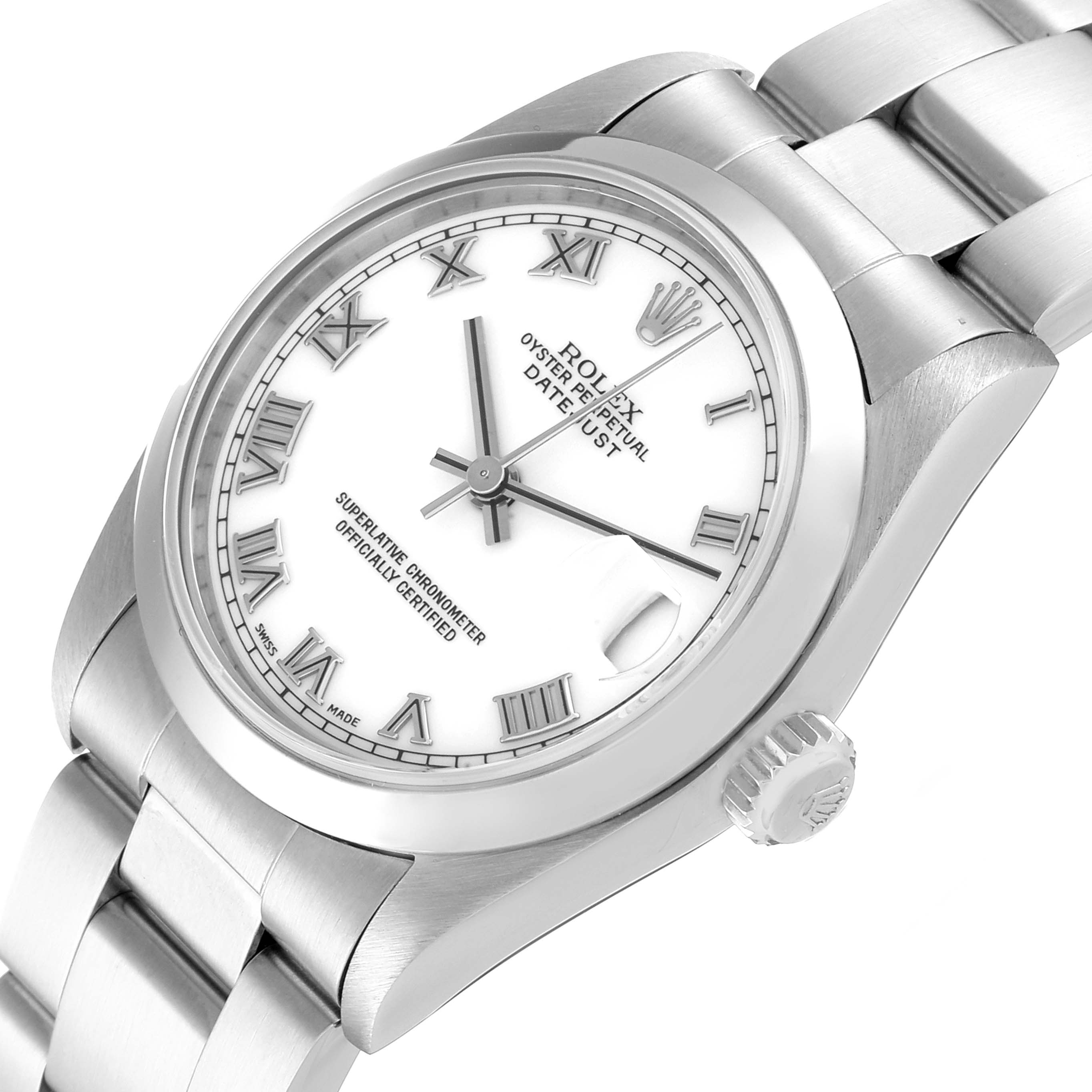 The image shows a Rolex Mid-Size 68240 Women's Stainless Steel White Dial 68240 Women's Stainless Steel White Dial Oyster Perpetual Datejust watch at a slight angle, highlighting the dial, bezel, crown, and part of the bracelet.