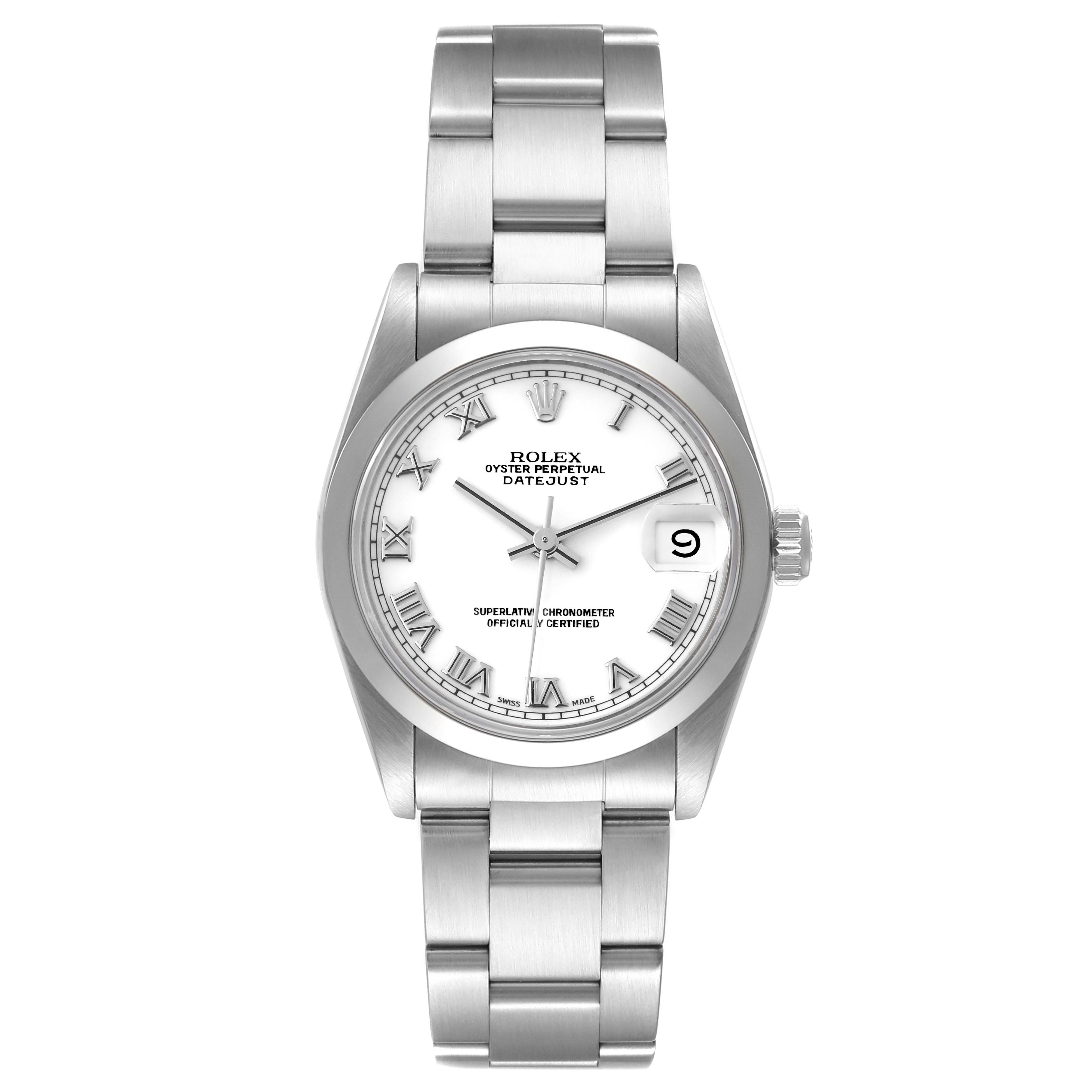 This image shows a front view of the Rolex Mid-Size 68240 Women's Stainless Steel White Dial 68240 Women's Stainless Steel White Dial Datejust watch, highlighting the dial, bezel, bracelet, and crown.