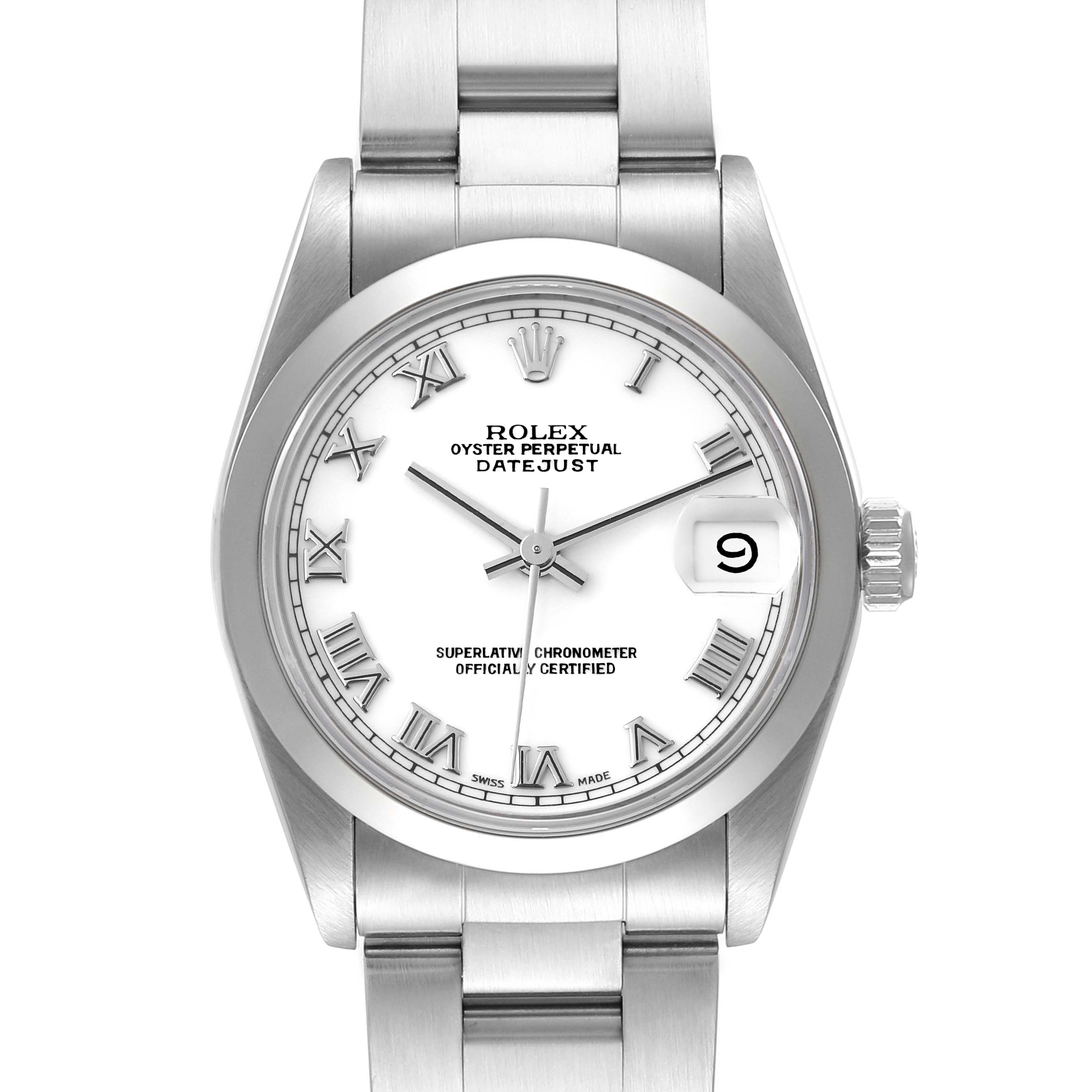 The image shows a front view of a Rolex Mid-Size 68240 Women's Stainless Steel White Dial 68240 Women's Stainless Steel White Dial Oyster Perpetual Datejust watch, highlighting the dial, bezel, and part of the bracelet.