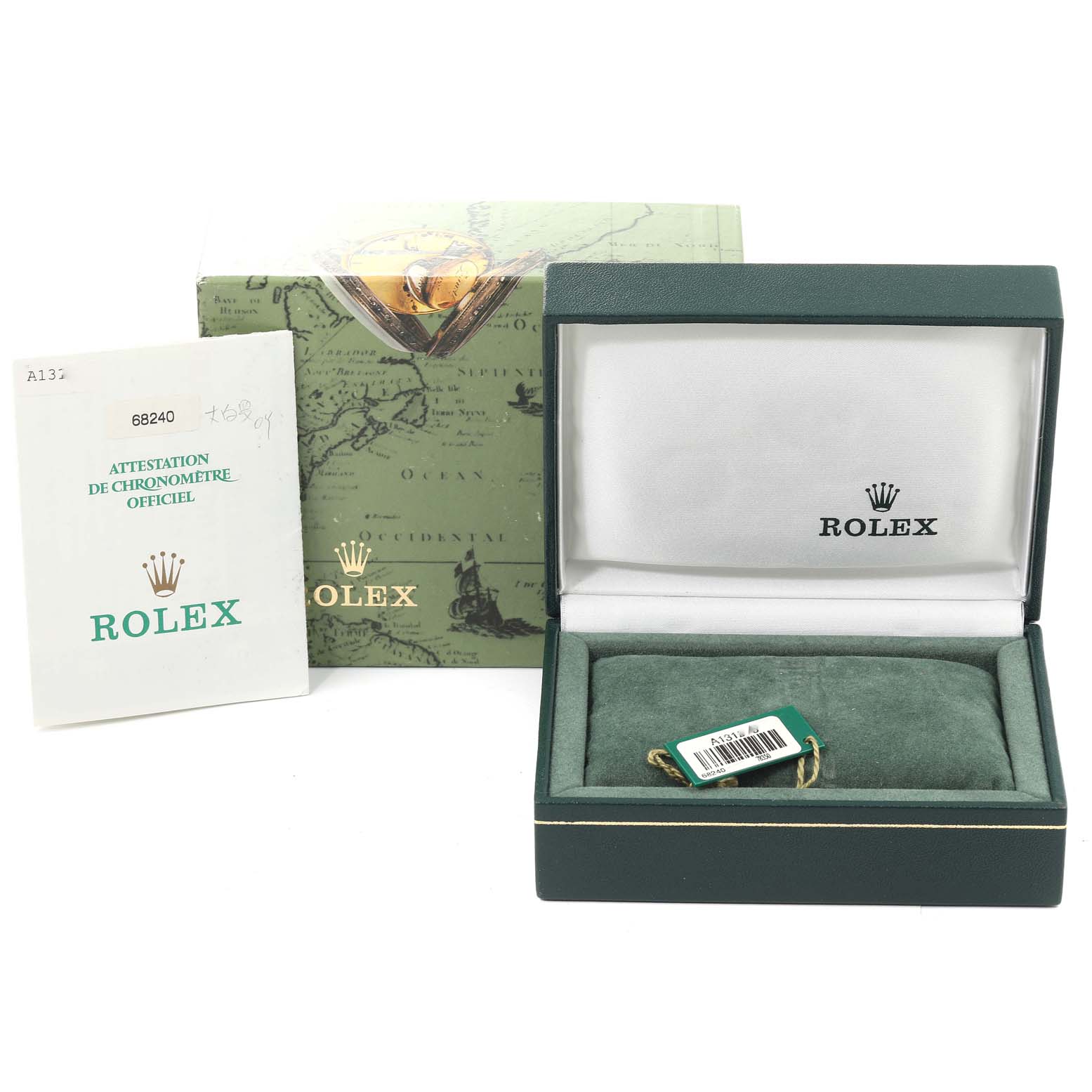 The image shows the packaging and accessories for a Rolex Mid-Size 68240 Women's Stainless Steel White Dial 68240 Women's Stainless Steel White Dial model, including the presentation box, warranty booklet, and outer box.