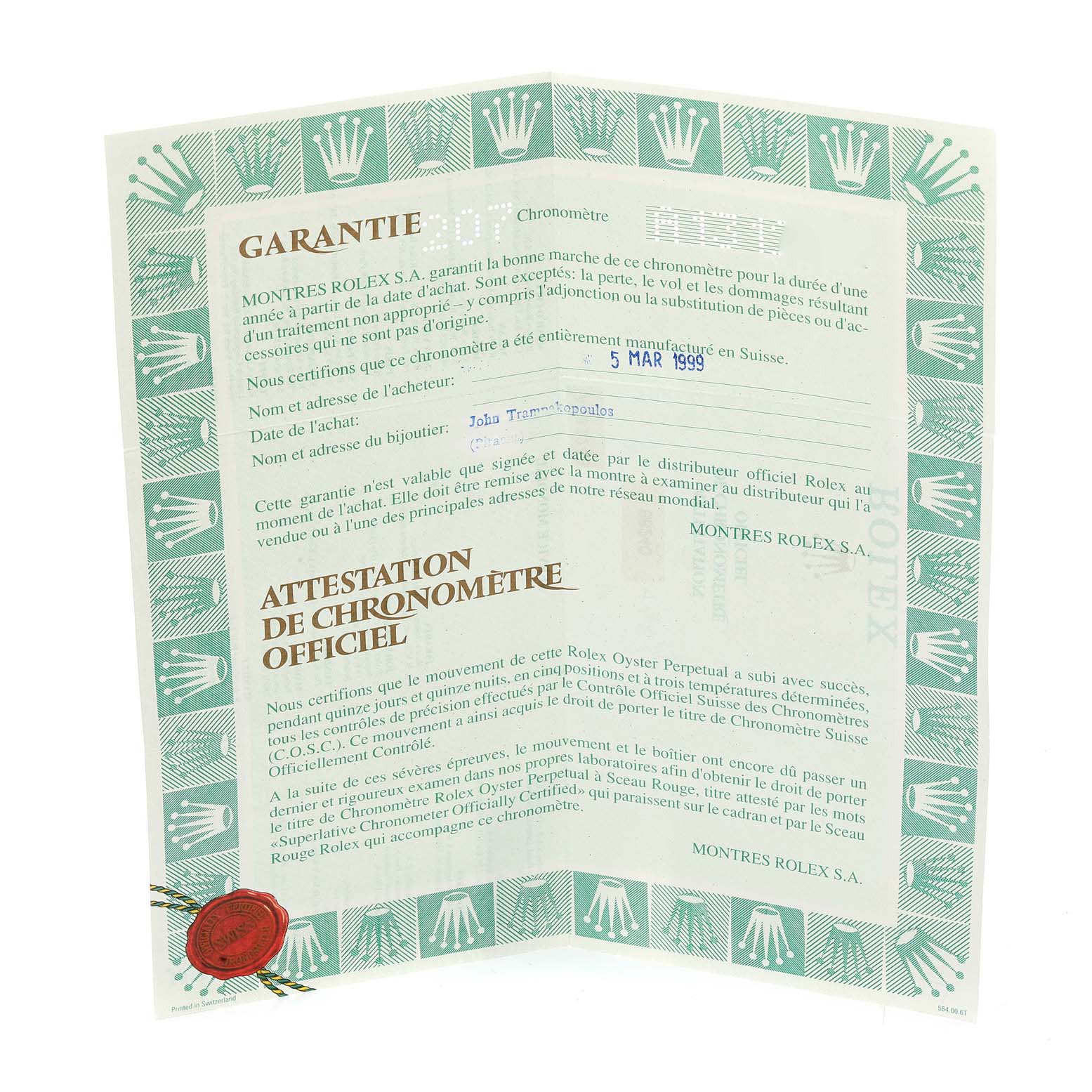 This image shows the warranty certificate for the Rolex Mid-Size 68240 Women's Stainless Steel White Dial 68240 Women's Stainless Steel White Dial model, detailing its official chronometer certification and purchase information.