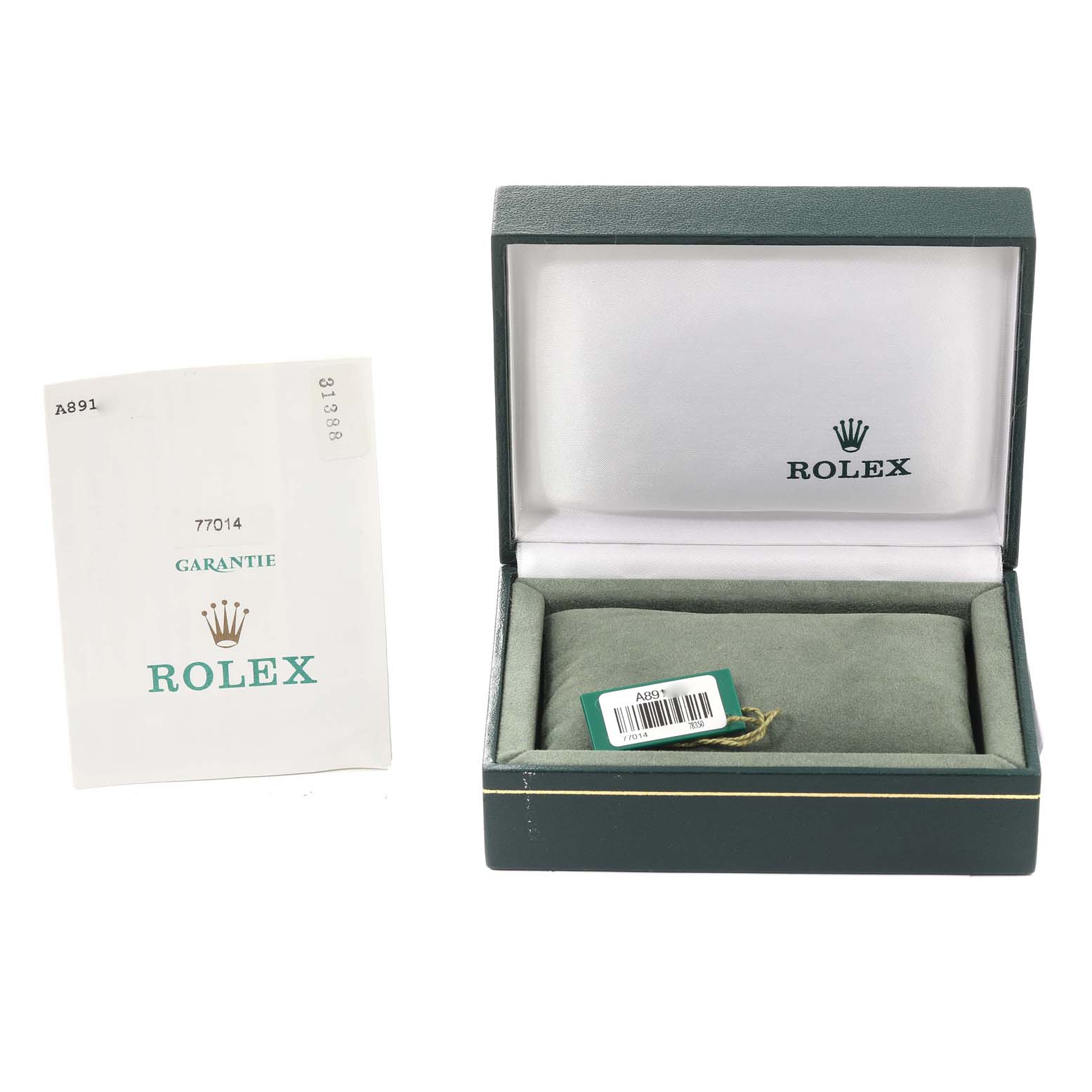 The image shows an open Rolex watch box with a detached tag inside and a warranty booklet beside it for a Mid-Size Rolex model 77014.