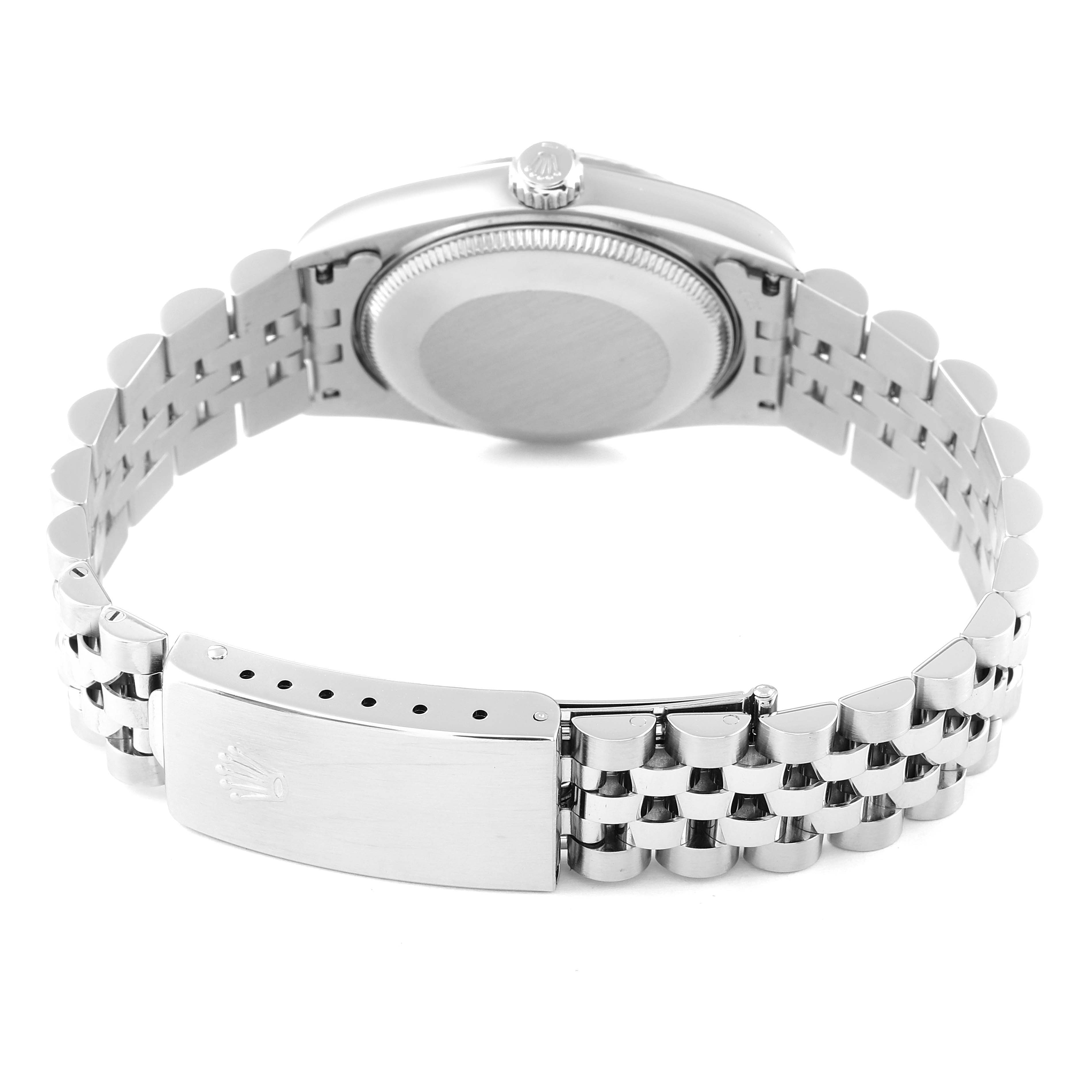 The image shows the back and clasp of a Mid-Size Rolex watch, highlighting the bracelet and case back.