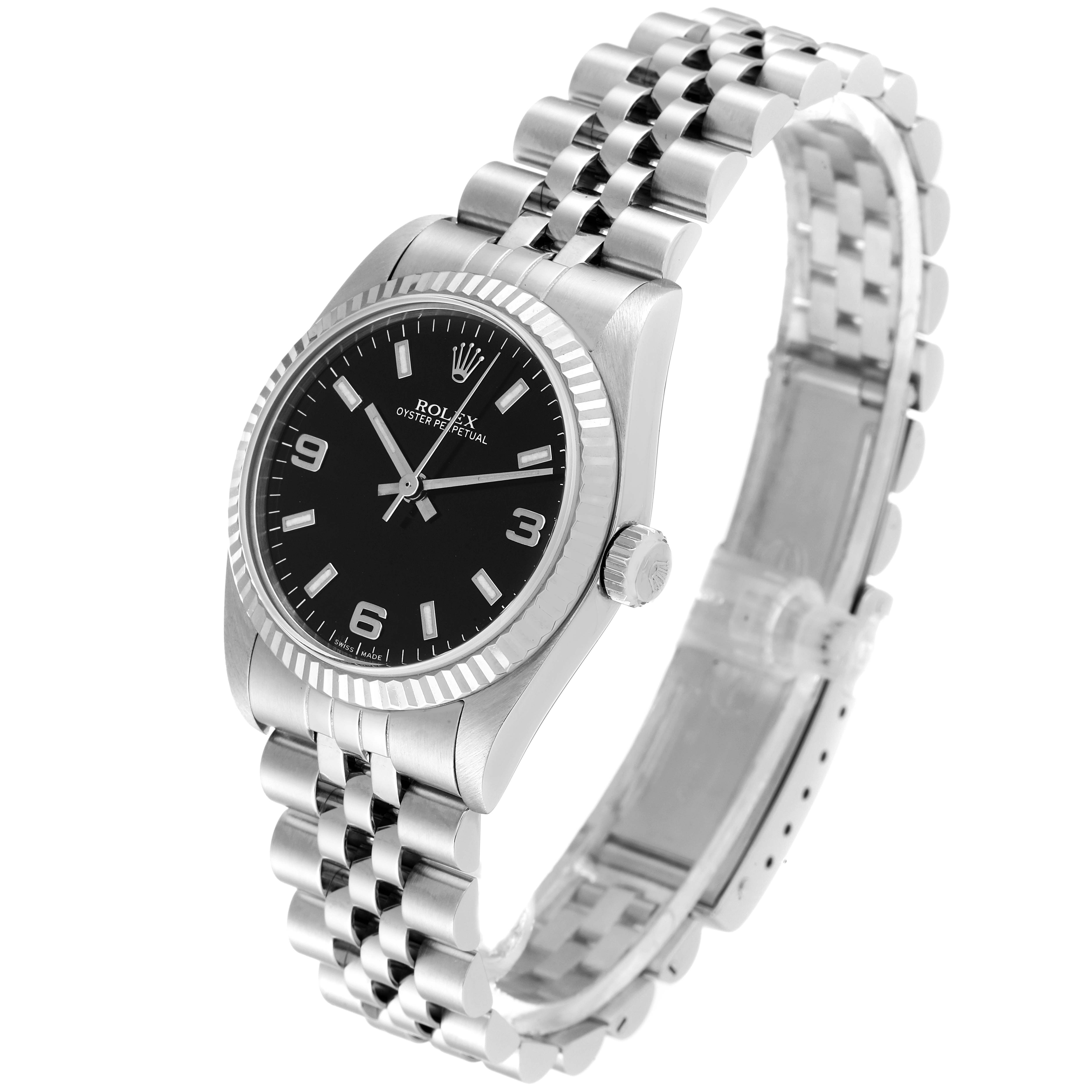 The mid-size Rolex watch is shown at a three-quarter angle, displaying the face, bezel, crown, and bracelet.