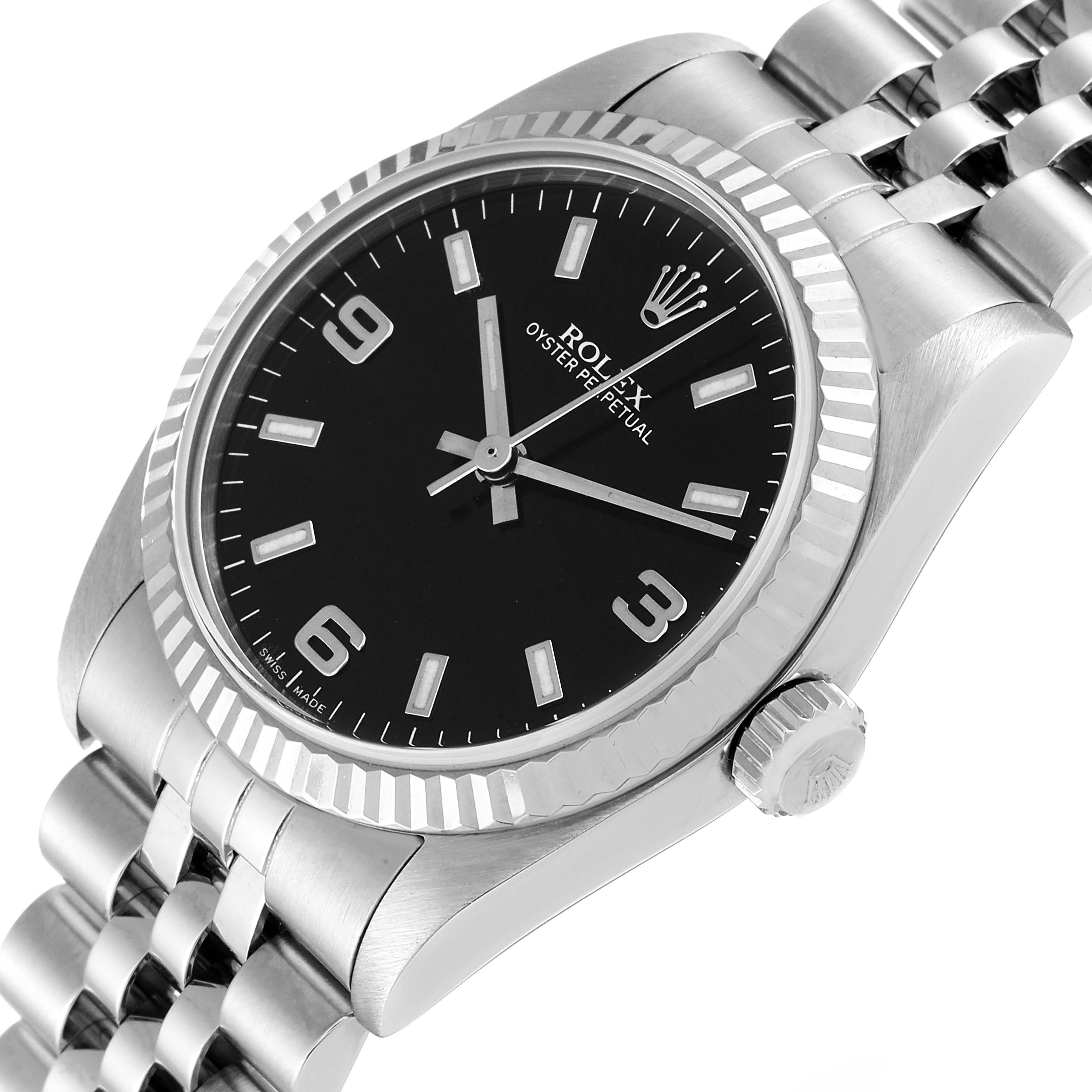 The image shows a Rolex Mid-Size 77014 Women's Stainless Steel Black Dial 77014 Women's Stainless Steel Black Dial Oyster Perpetual watch from a slight angle, highlighting the black dial, fluted bezel, and part of the bracelet.