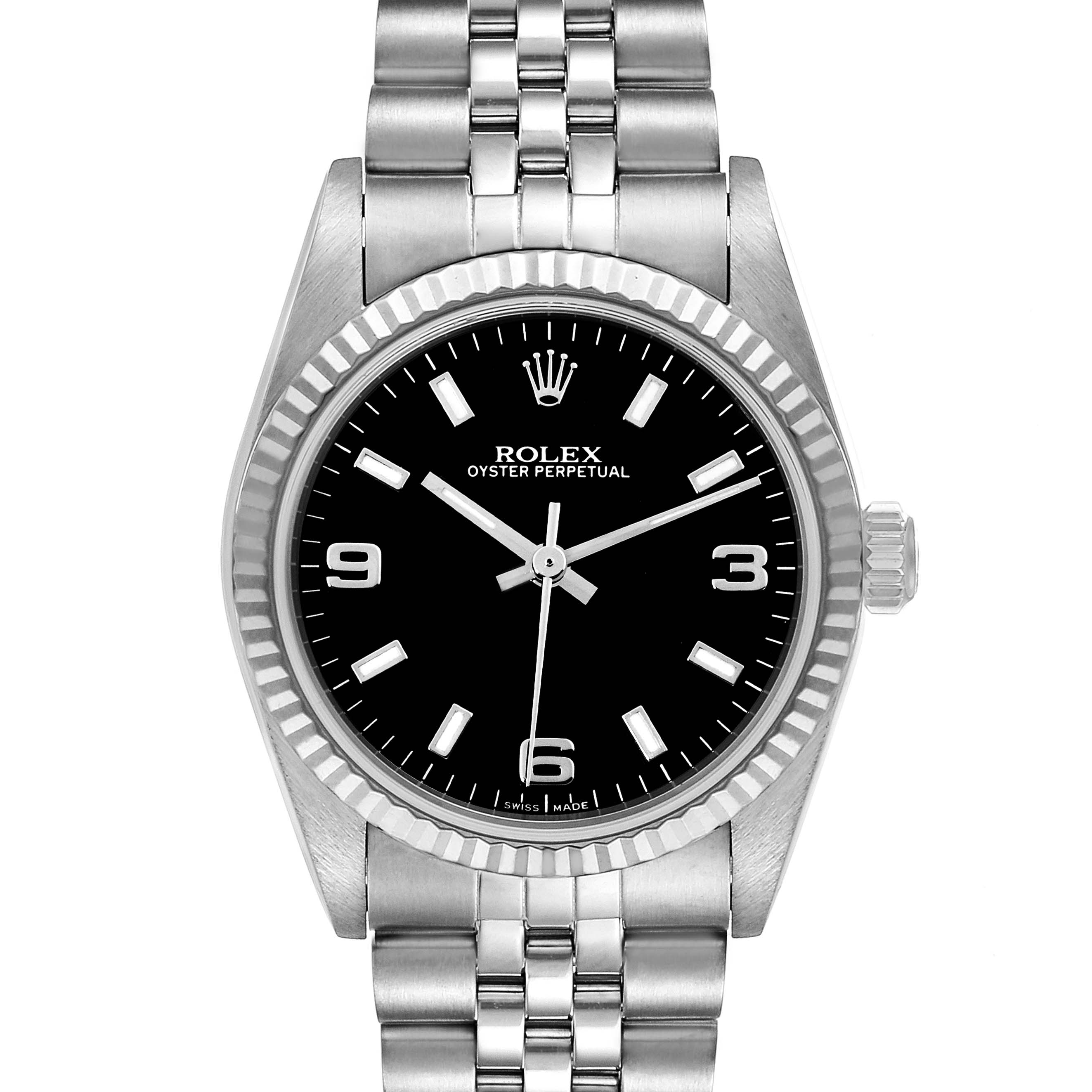 This image shows a front view of a Rolex Mid-Size 77014 Women's Stainless Steel Black Dial 77014 Women's Stainless Steel Black Dial Oyster Perpetual watch, displaying its black dial, bezel, and bracelet.