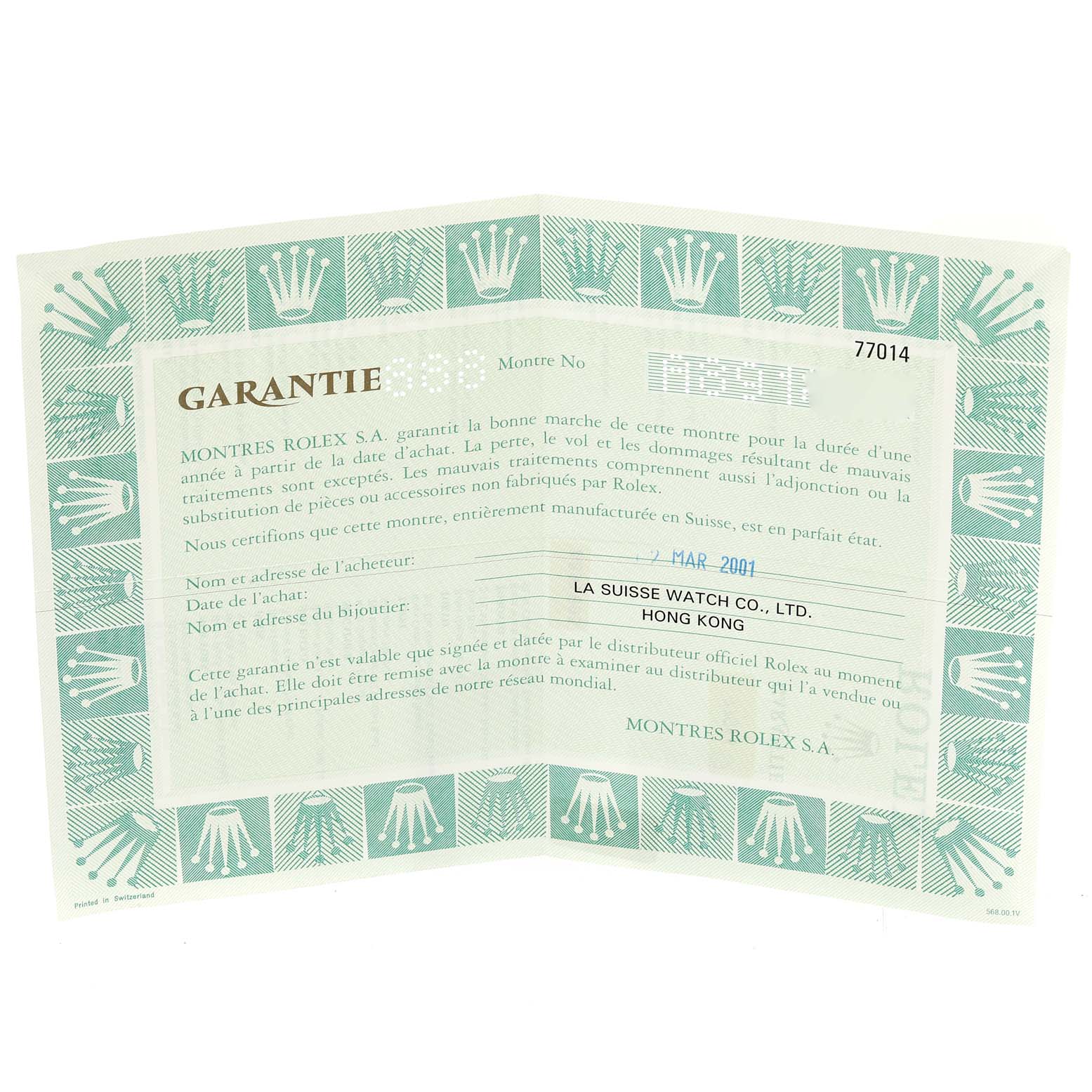 This image shows the warranty certificate for a Rolex Mid-Size 77014 Women's Stainless Steel Black Dial 77014 Women's Stainless Steel Black Dial watch.