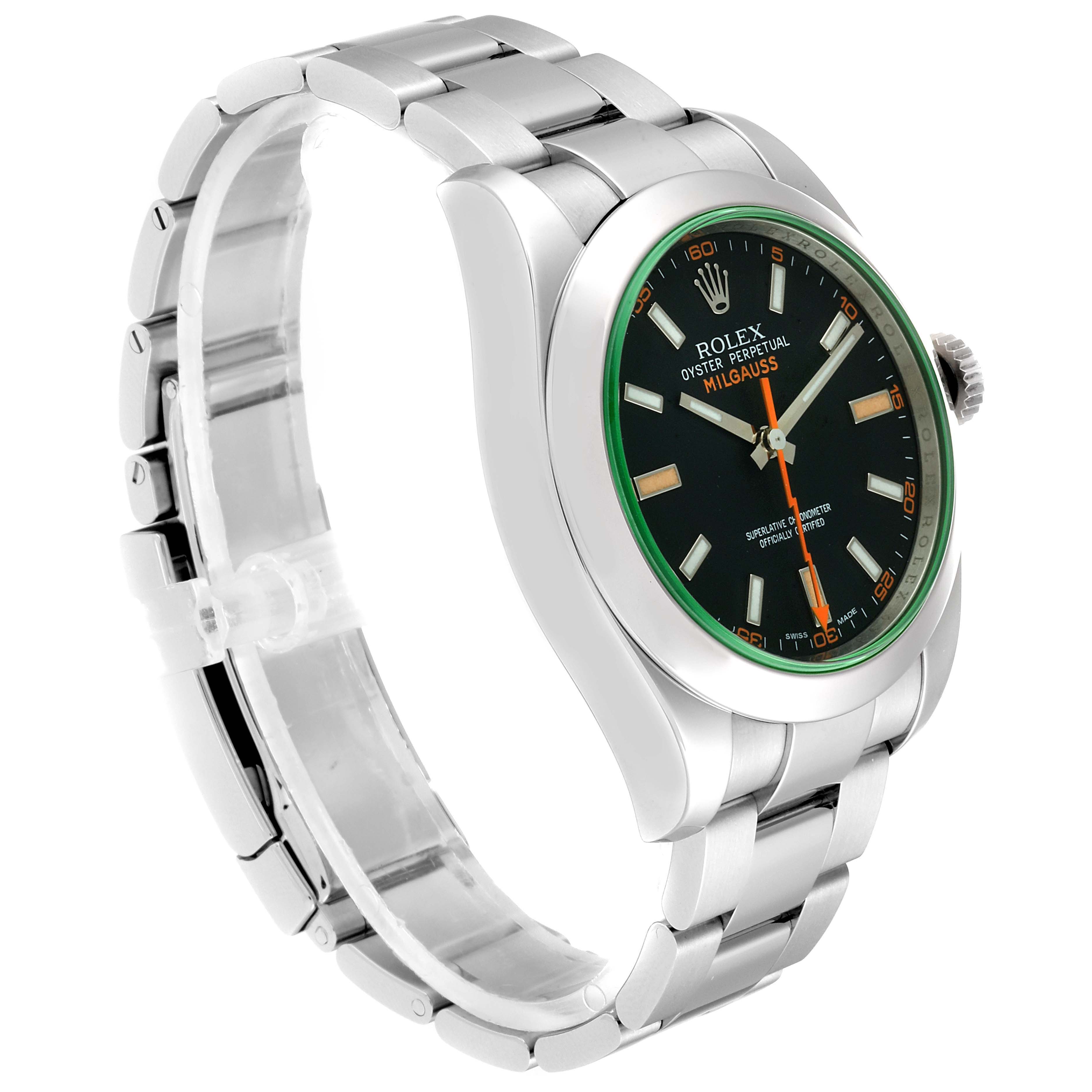 The image shows a Rolex Milgauss 116400GV Men's Stainless Steel Black Dial 116400GV Men's Stainless Steel Black Dial watch at an oblique angle, highlighting its bracelet, case, dial, and crown.