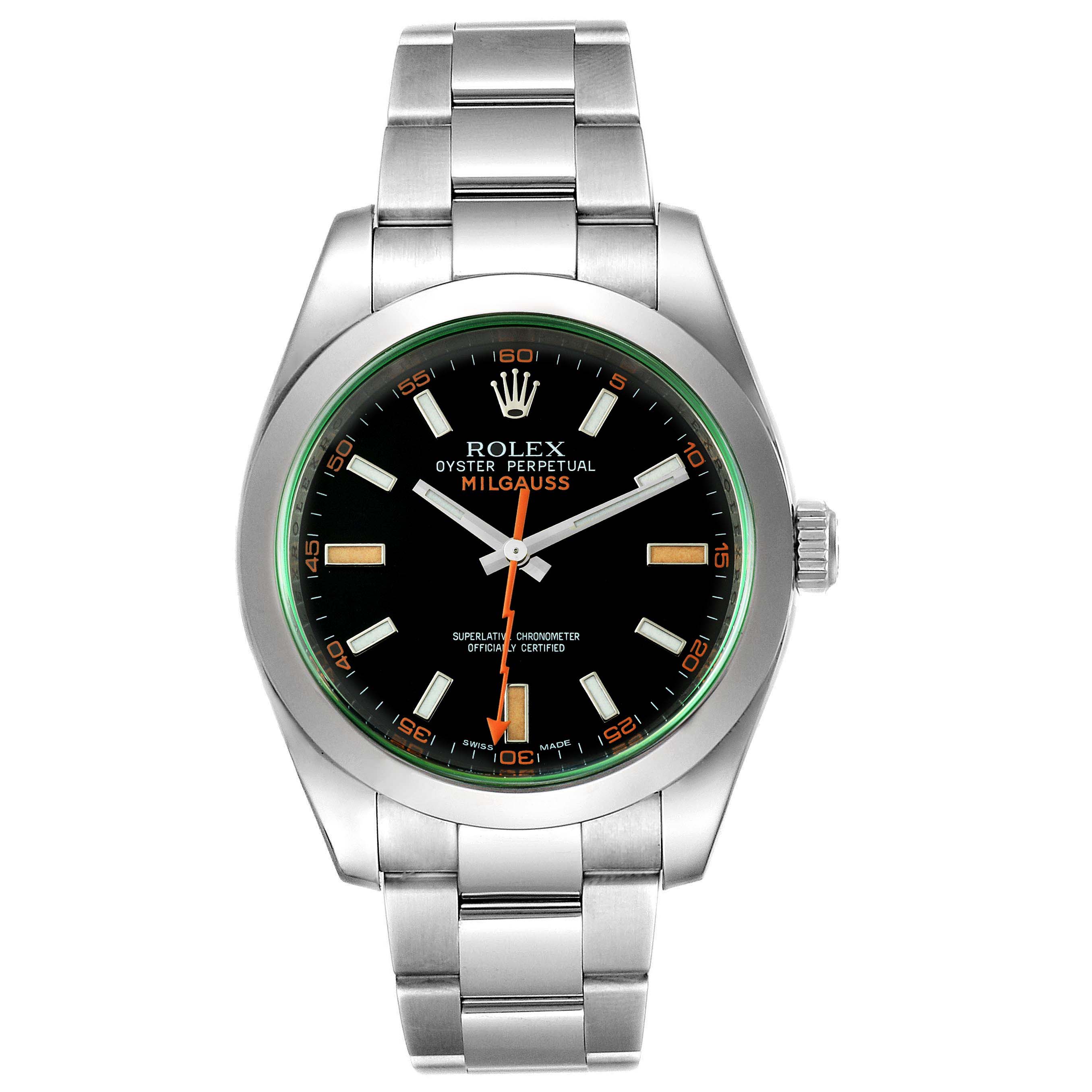 This image shows a front angle of the Rolex Milgauss 116400GV Men's Stainless Steel Black Dial 116400GV Men's Stainless Steel Black Dial watch, including the dial, bezel, case, and part of the bracelet.