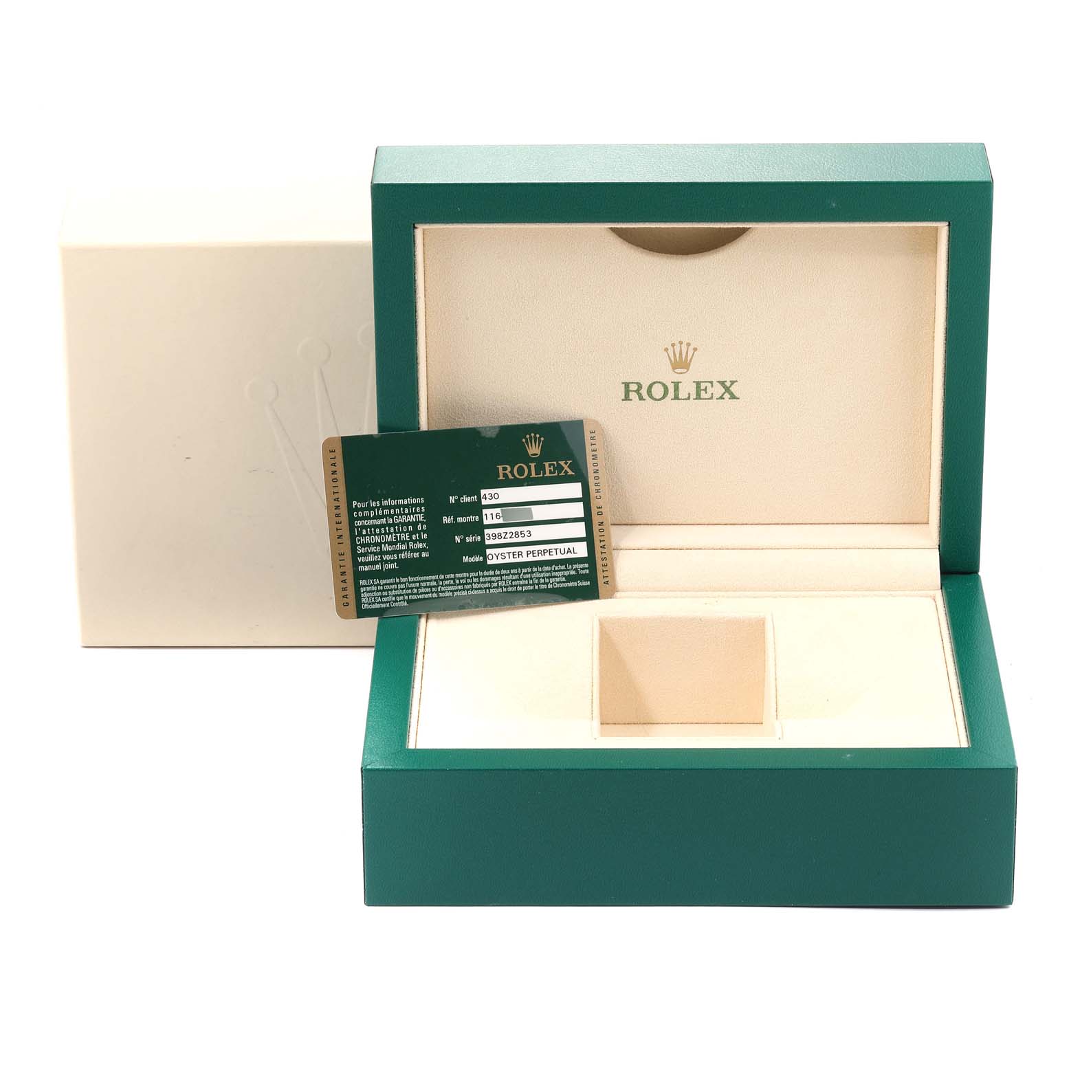 The image shows a Rolex Milgauss 116400GV Men's Stainless Steel Black Dial 116400GV Men's Stainless Steel Black Dial watch box, an outer box, and a warranty card.