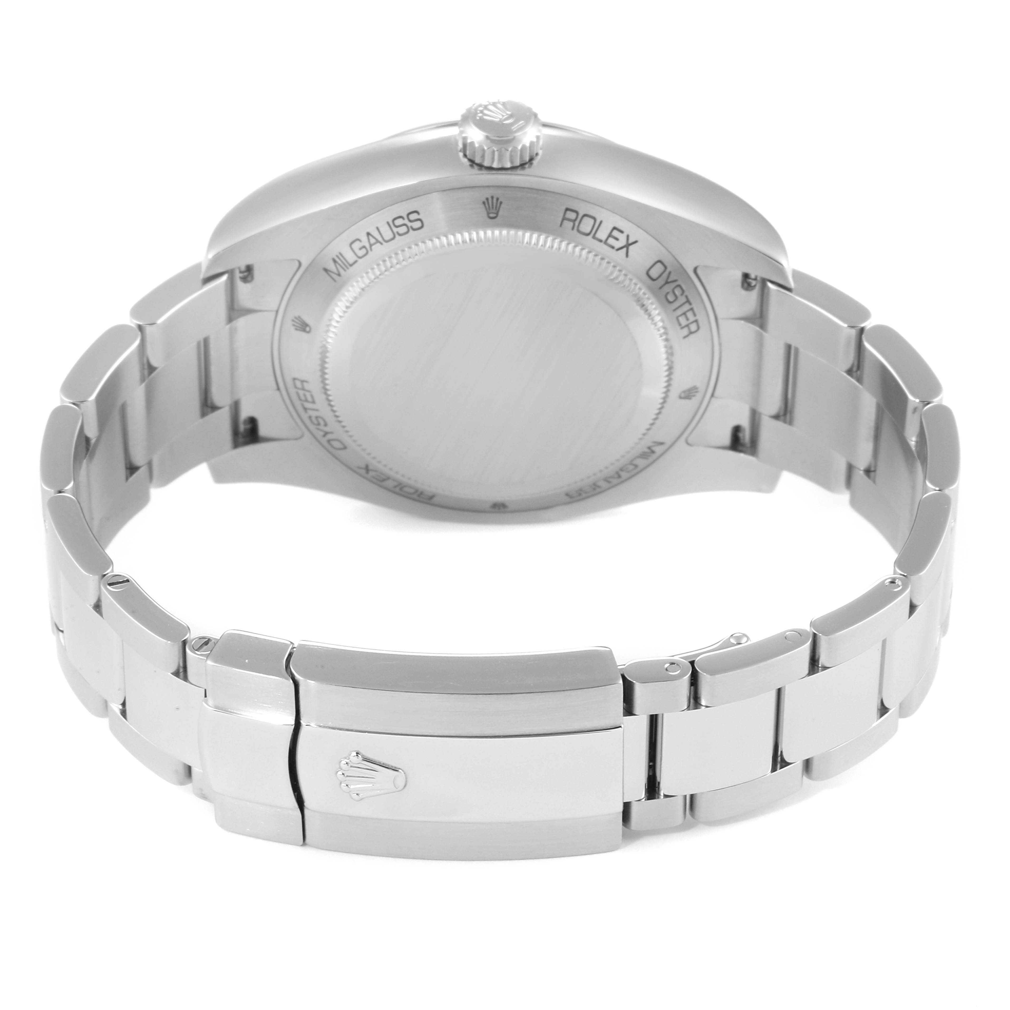 This image shows the back case and bracelet of a Rolex Milgauss 116400GV Men's Stainless Steel Black Dial 116400GV Men's Stainless Steel Black Dial watch from a rear angle.