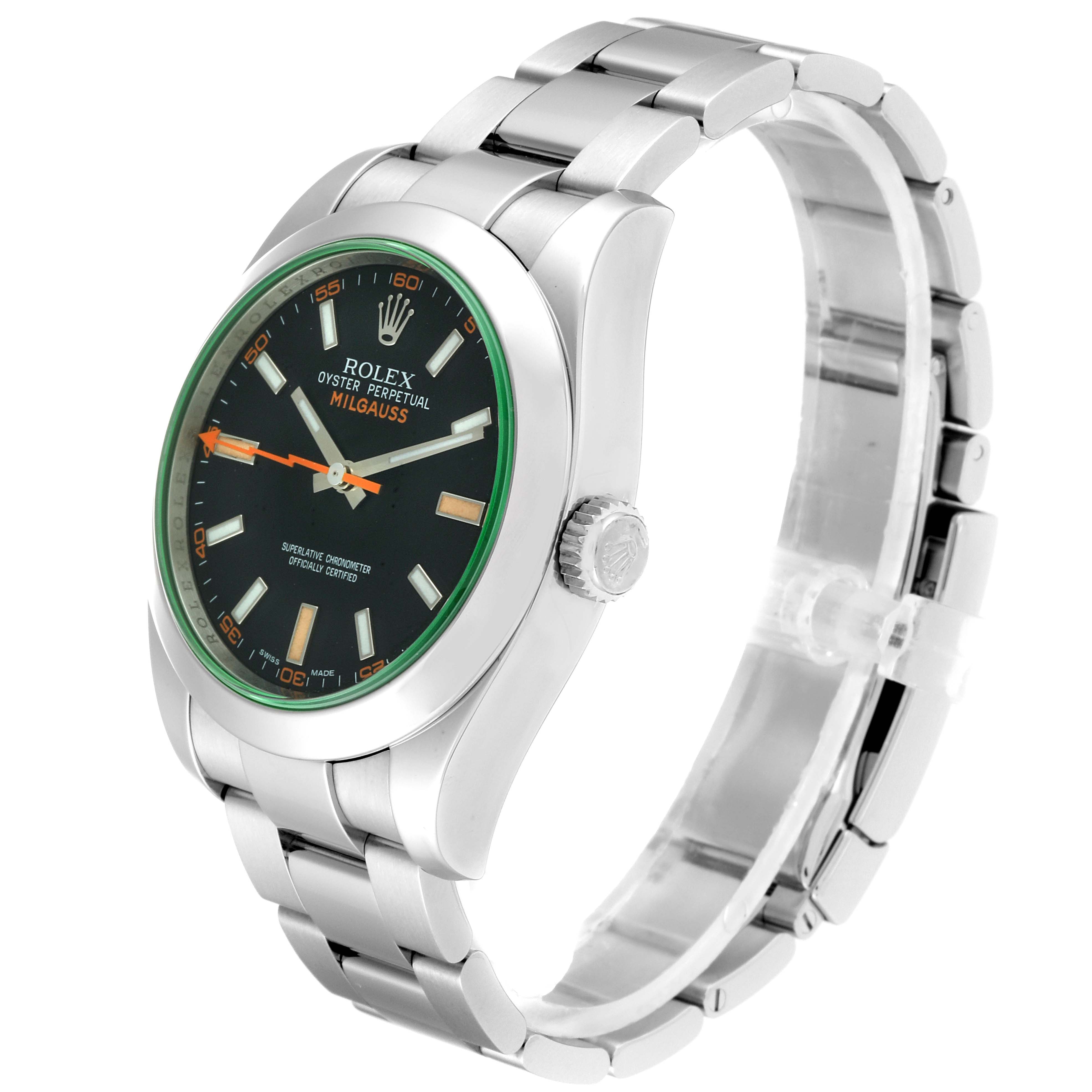 The image shows a Rolex Milgauss 116400GV Men's Stainless Steel Black Dial 116400GV Men's Stainless Steel Black Dial watch from an angled side view, highlighting the dial, bezel, crown, and bracelet.