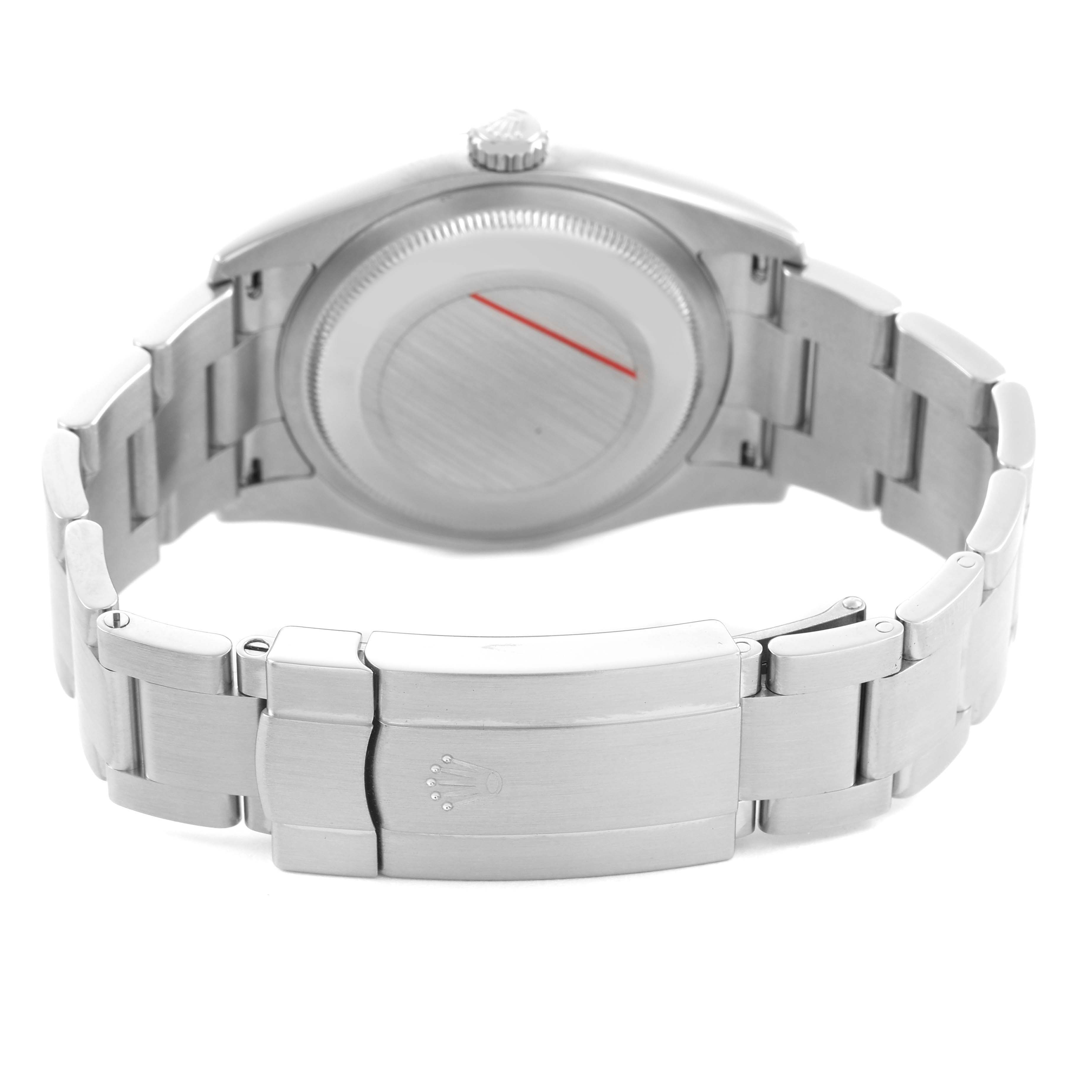 The image shows the back and clasp of an Oyster Perpetual by Rolex from a rear angle.