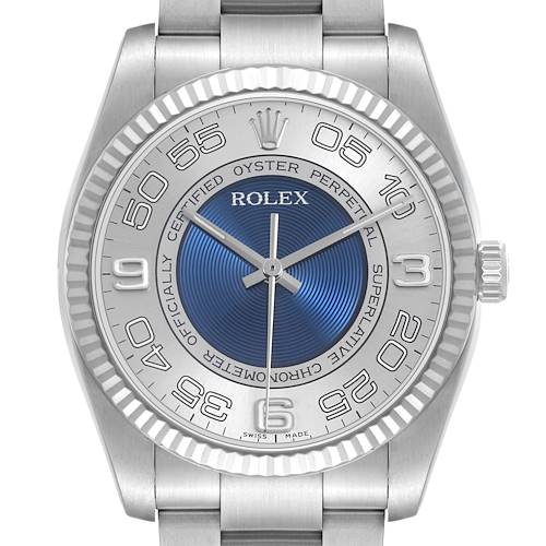 The Rolex Oyster Perpetual 116034 Men's Stainless Steel Blue Dial watch is shown from the front, showcasing its dial, bezel, and bracelet.
