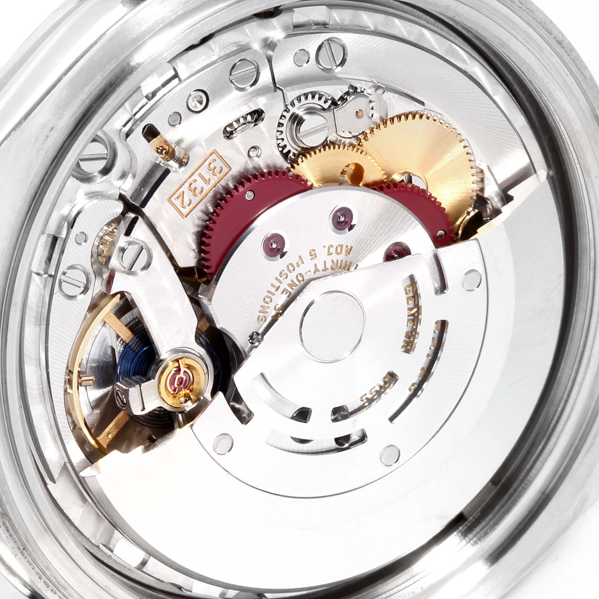 This image shows the intricate movement mechanism of a Rolex Oyster Perpetual 114300 Men's Stainless Steel Black Dial 114300 Men's Stainless Steel Black Dial watch, viewed from the back.