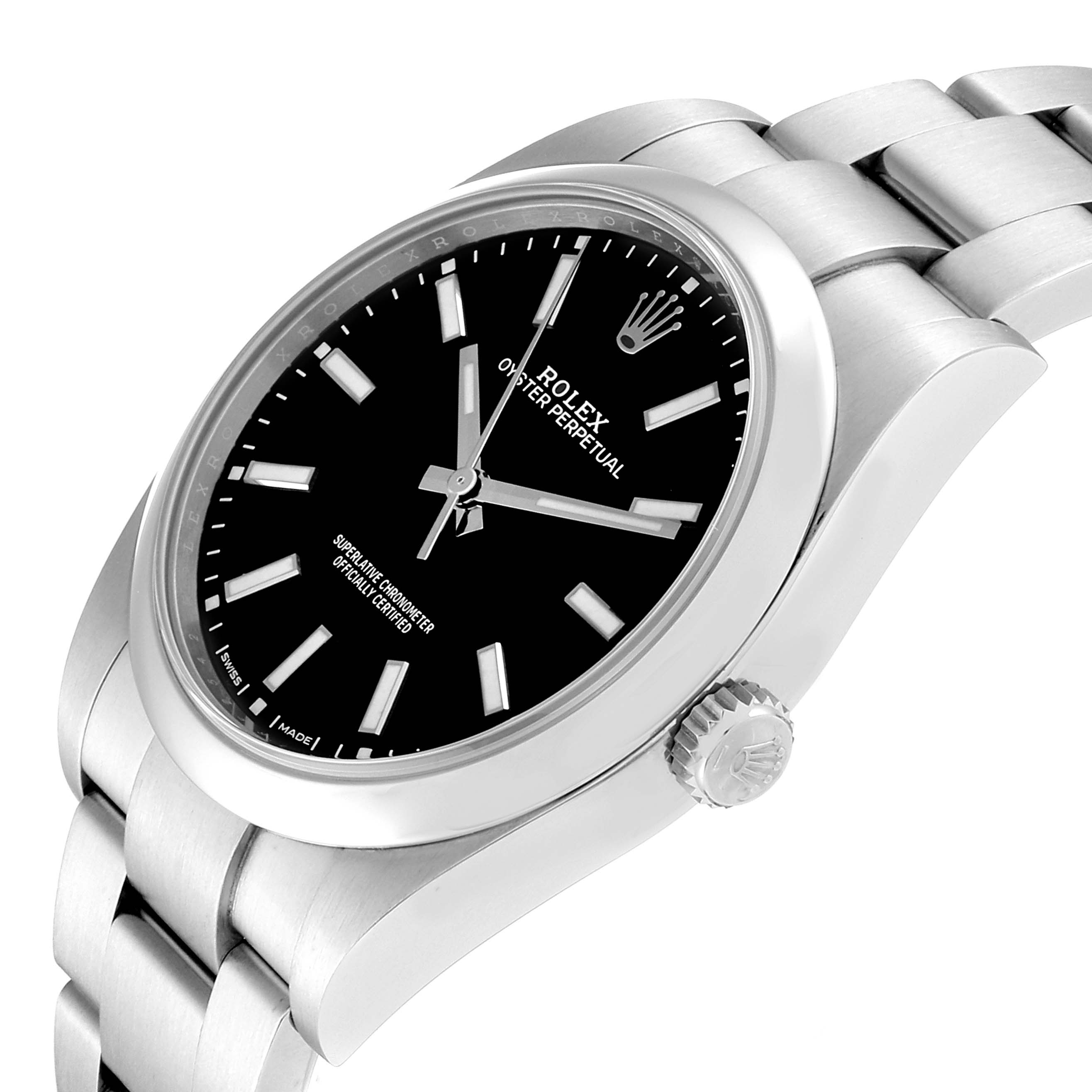 The image shows a Rolex Oyster Perpetual 114300 Men's Stainless Steel Black Dial 114300 Men's Stainless Steel Black Dial watch from a side angle, highlighting the case, dial, crown, and part of the bracelet.