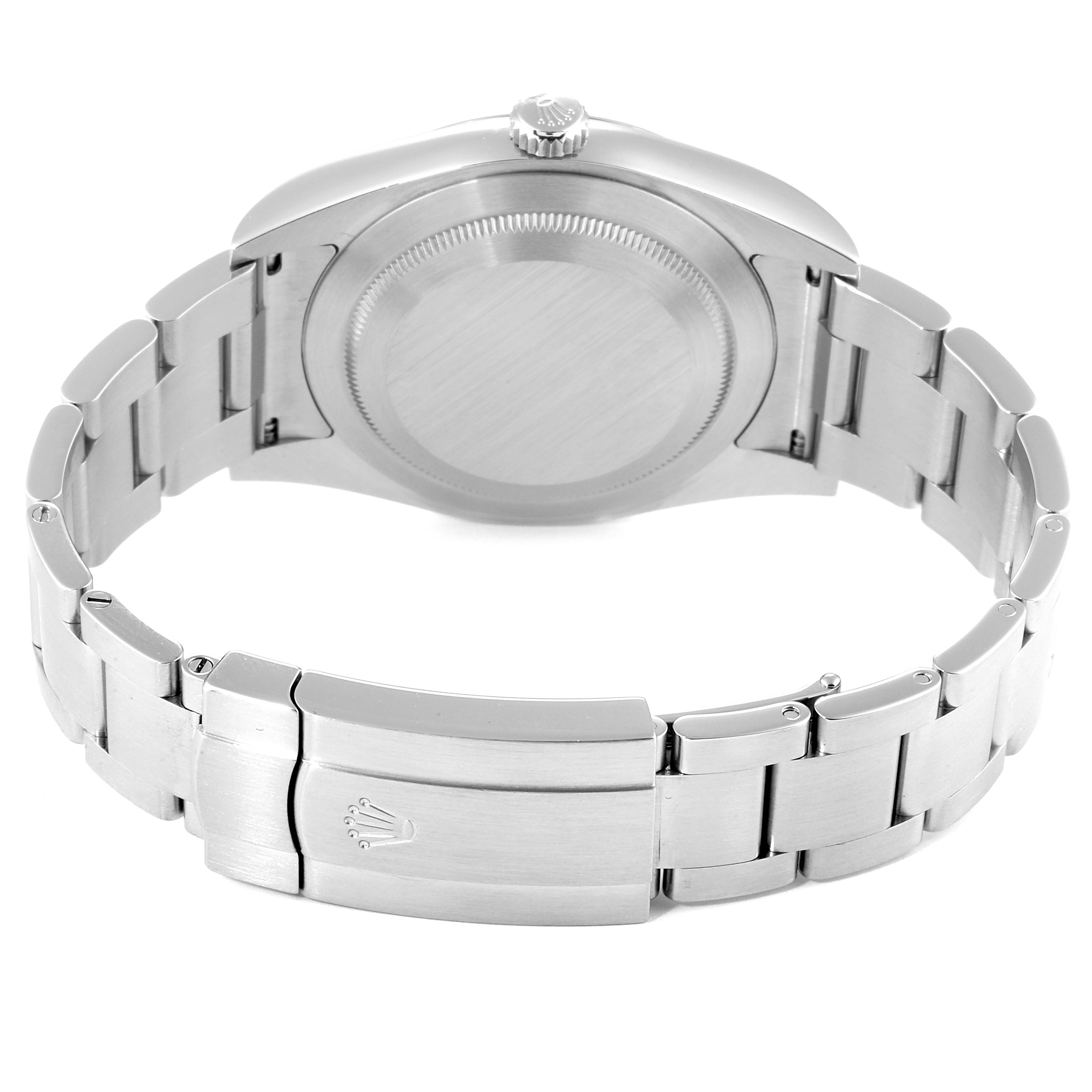 This image shows the back and bracelet clasp of a Rolex Oyster Perpetual 114300 Men's Stainless Steel Black Dial 114300 Men's Stainless Steel Black Dial watch from a rear angle.