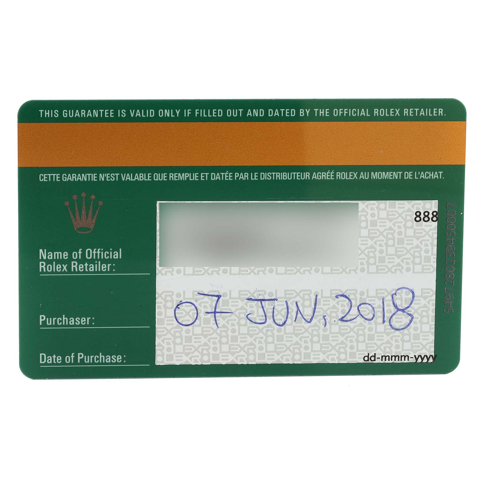 This image shows a Rolex Oyster Perpetual 114300 Men's Stainless Steel Black Dial 114300 Men's Stainless Steel Black Dial guarantee card with purchase details and date, issued on June 07, 2018.