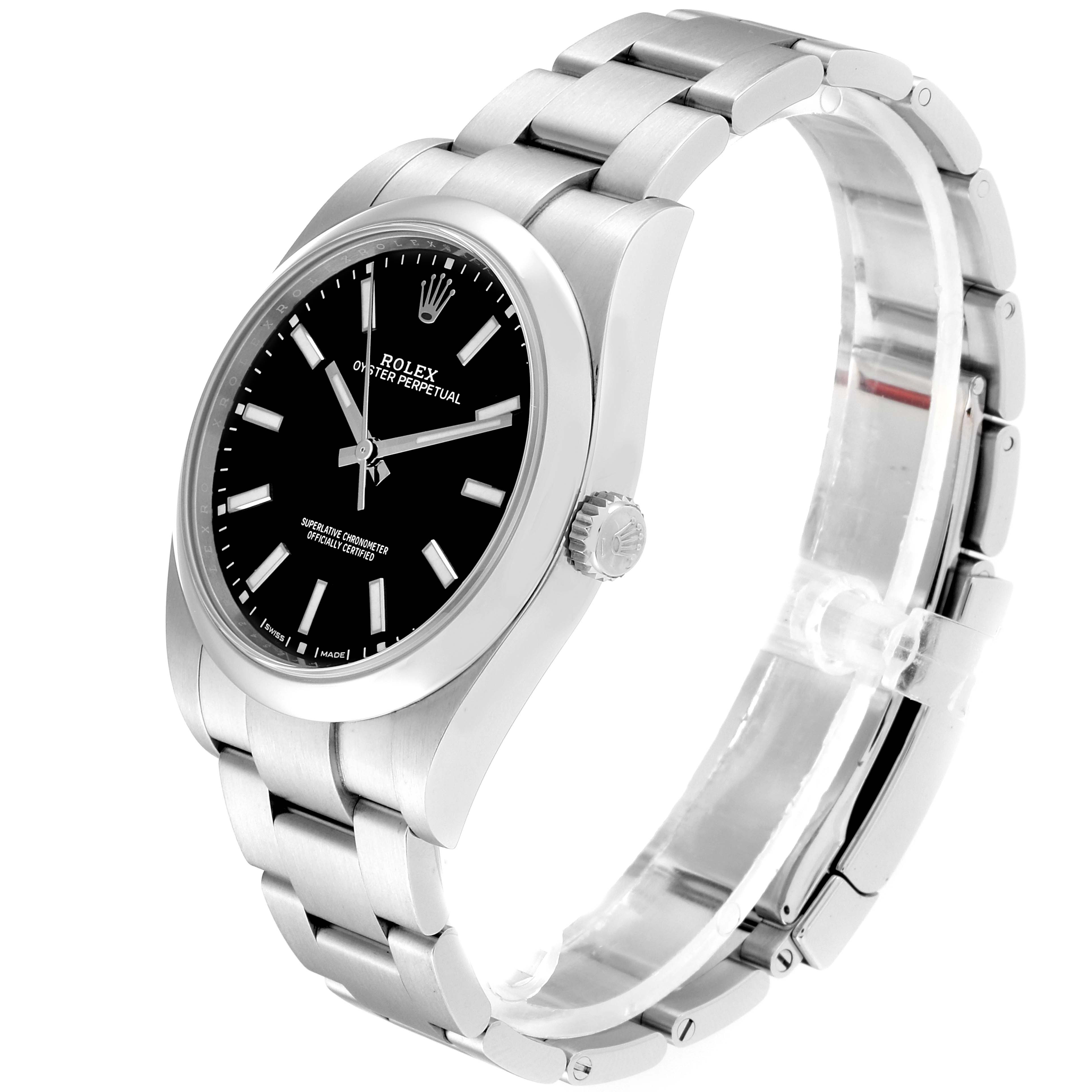 The image shows a Rolex Oyster Perpetual 114300 Men's Stainless Steel Black Dial 114300 Men's Stainless Steel Black Dial watch at a three-quarter angle, highlighting the black dial, stainless steel case, and bracelet.