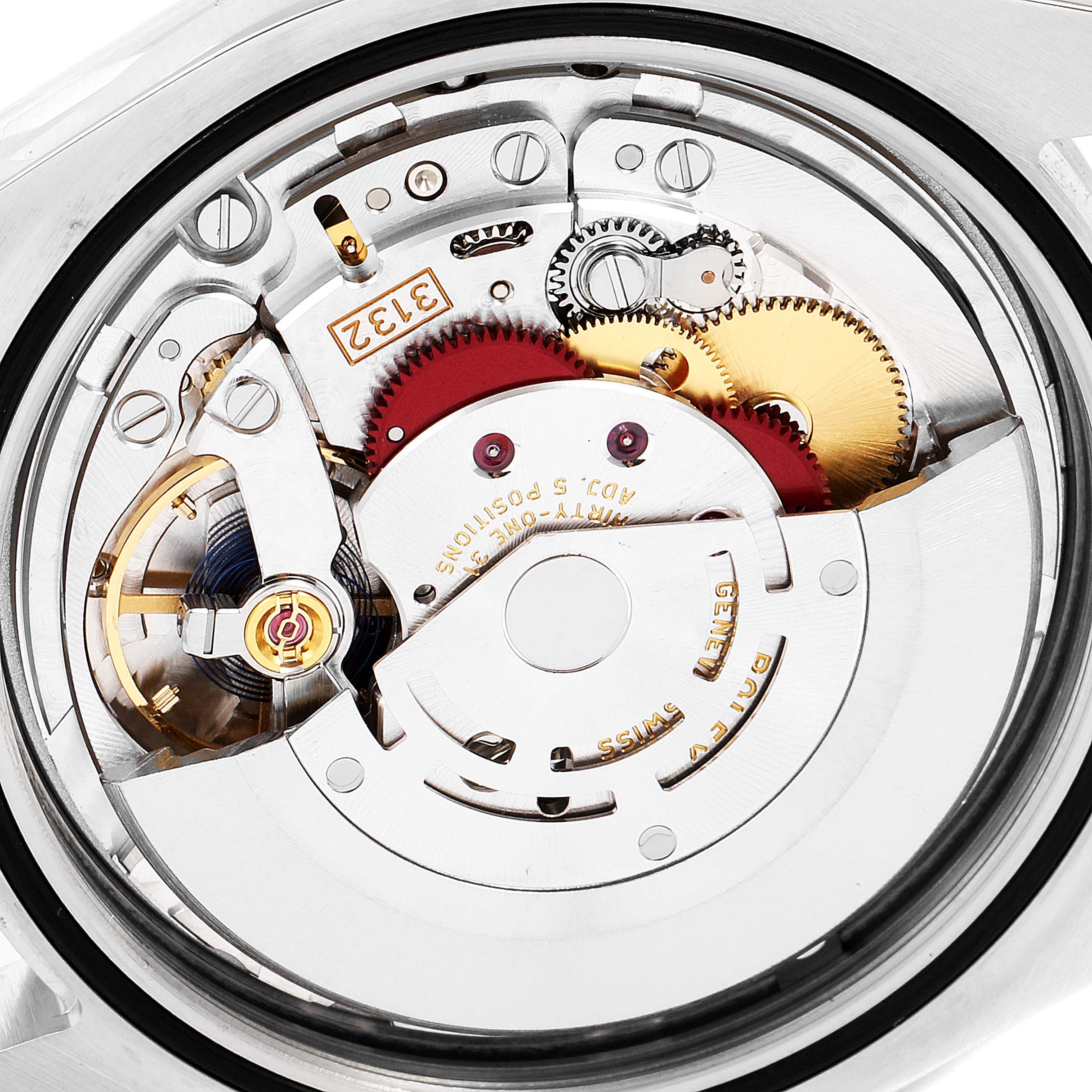 This image shows the intricate internal mechanical movement of a Rolex Oyster Perpetual 114300 Men's Stainless Steel Silver Dial 114300 Men's Stainless Steel Silver Dial watch, highlighting its gears and components.