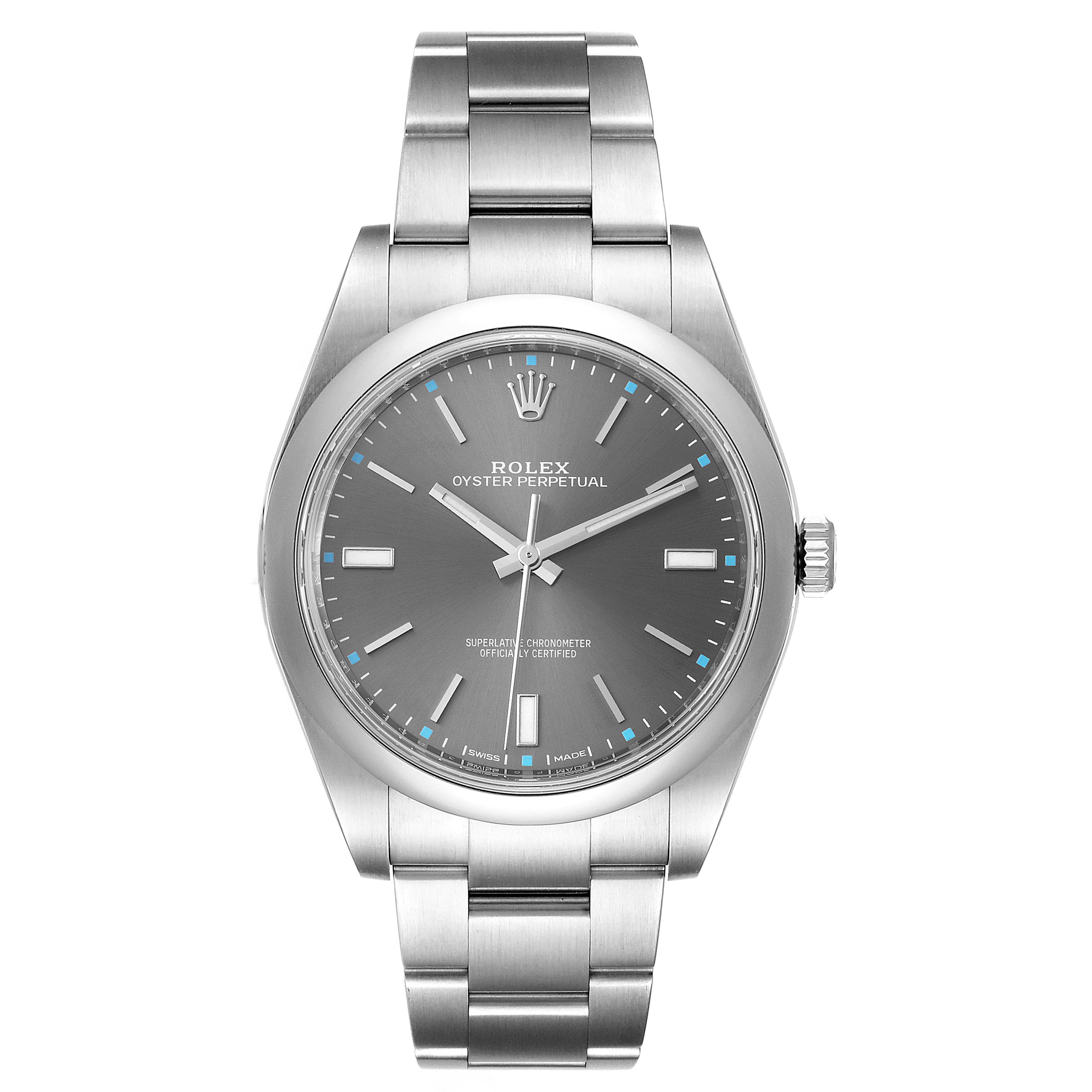 The image shows a front view of the Rolex Oyster Perpetual 114300 Men's Stainless Steel Silver Dial 114300 Men's Stainless Steel Silver Dial watch, displaying the face, bezel, and bracelet.