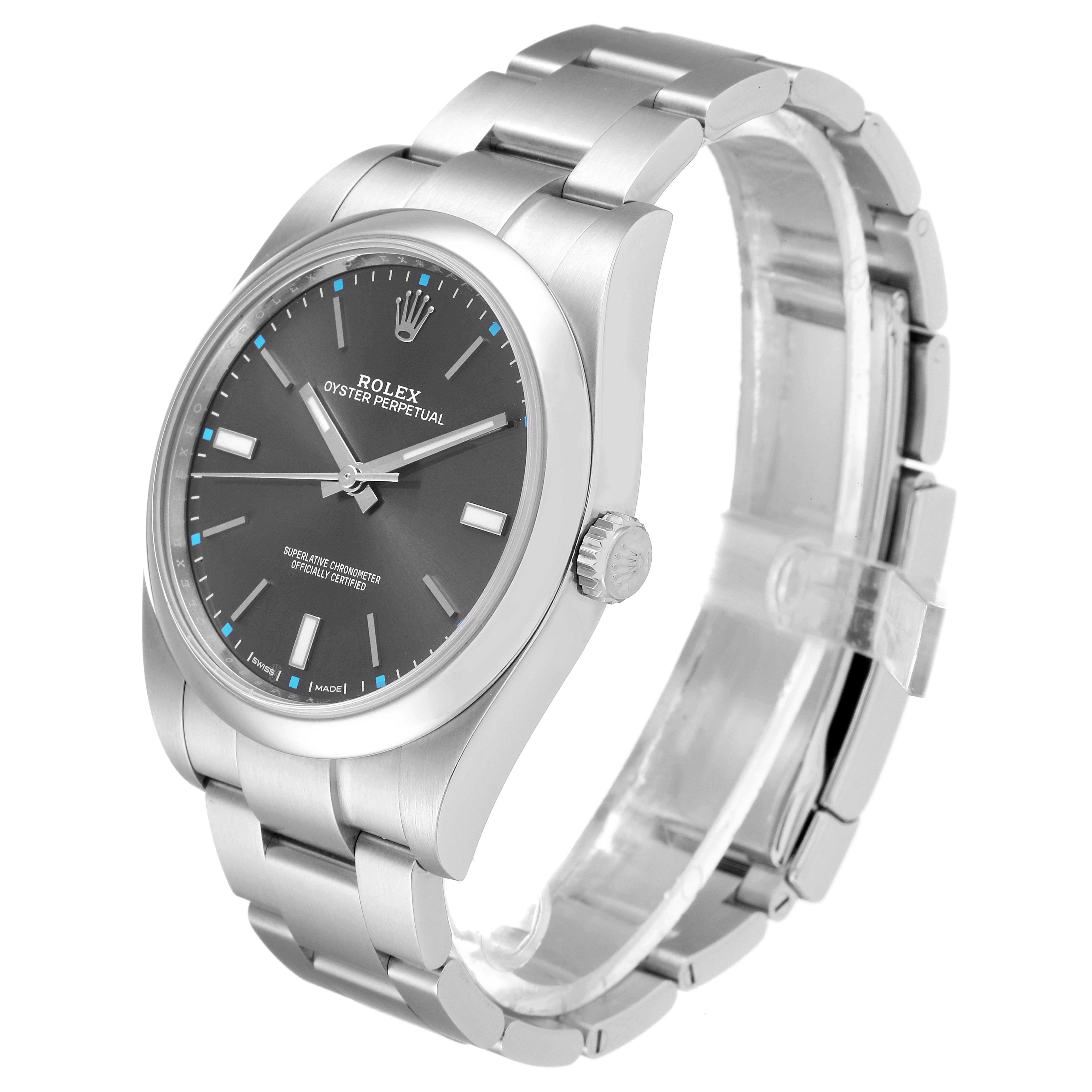 The image shows a Rolex Oyster Perpetual 114300 Men's Stainless Steel Silver Dial 114300 Men's Stainless Steel Silver Dial watch at a three-quarter angle, highlighting the face, crown, and bracelet.