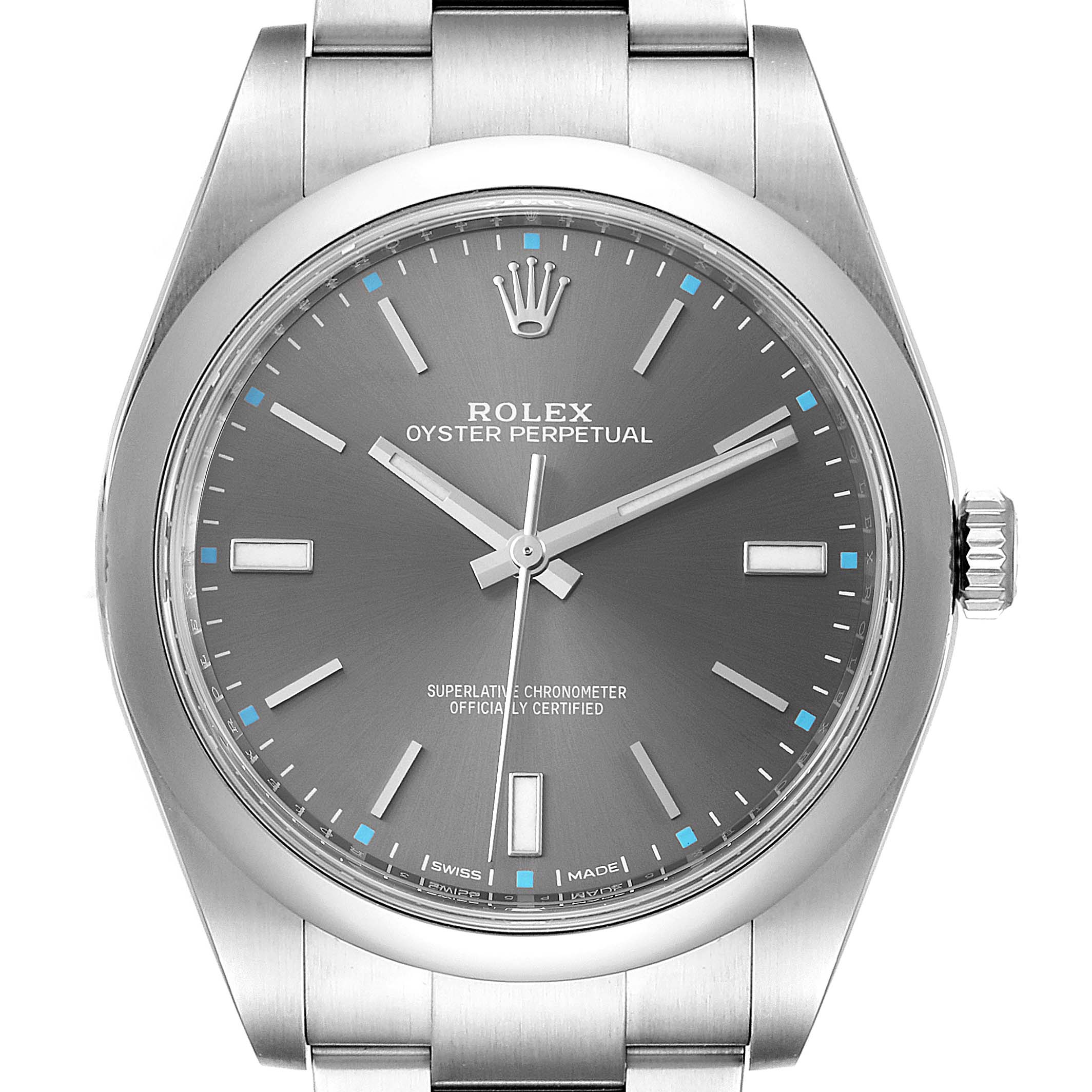 This image shows a front view of the Rolex Oyster Perpetual 114300 Men's Stainless Steel Silver Dial 114300 Men's Stainless Steel Silver Dial watch, highlighting the dial, hands, and crown.