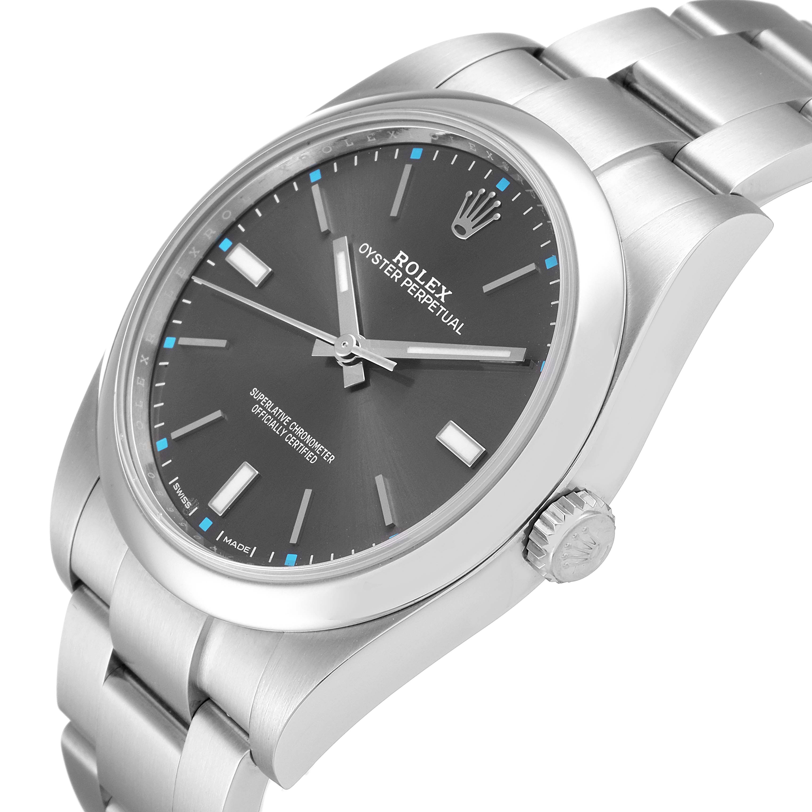 The image shows a side angle of the Rolex Oyster Perpetual 114300 Men's Stainless Steel Silver Dial 114300 Men's Stainless Steel Silver Dial watch, highlighting the dial, crown, and bracelet.