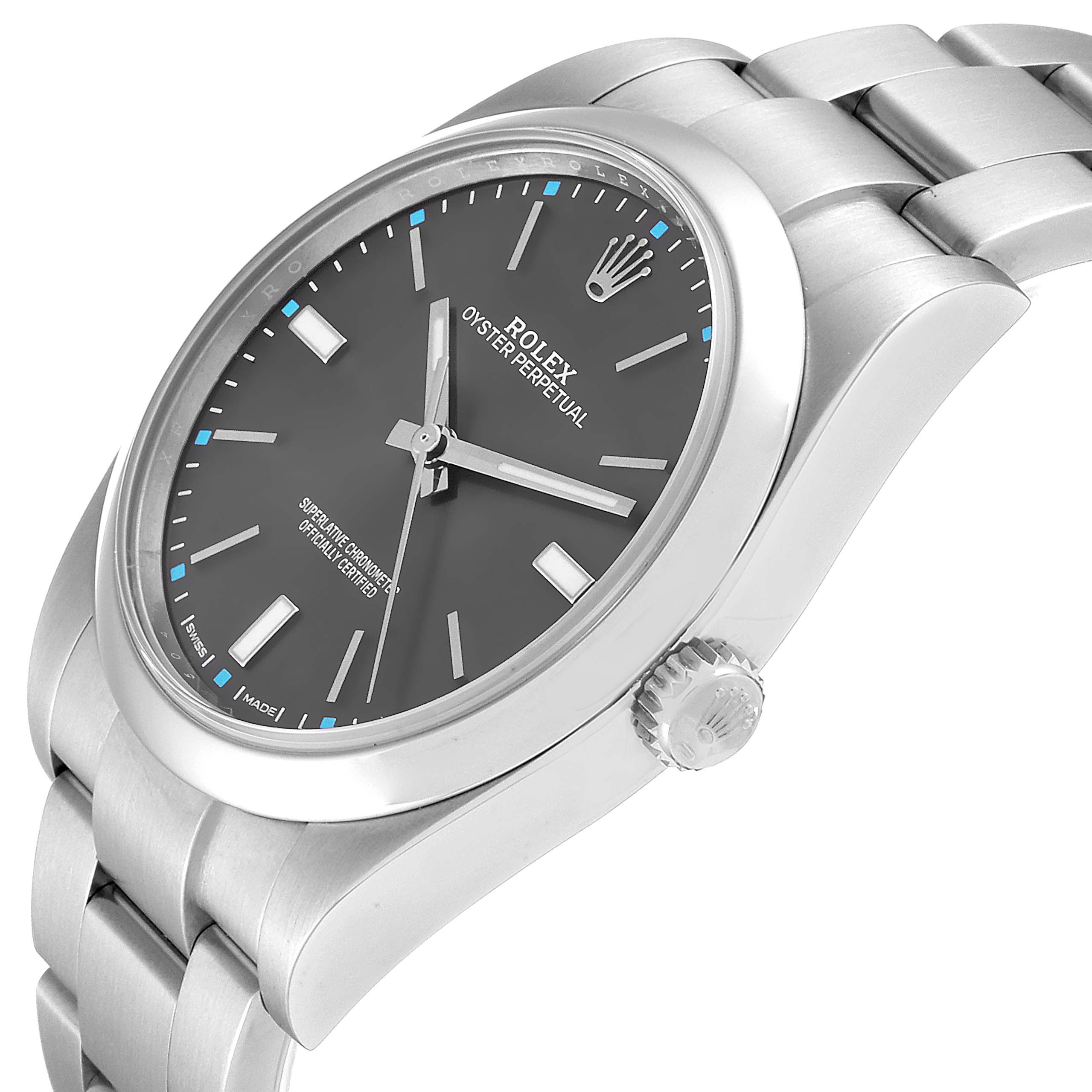 The Rolex Oyster Perpetual 114300 Men's Stainless Steel Silver Dial 114300 Men's Stainless Steel Silver Dial watch is shown from a slightly low angle, displaying the face, crown, and stainless steel bracelet.