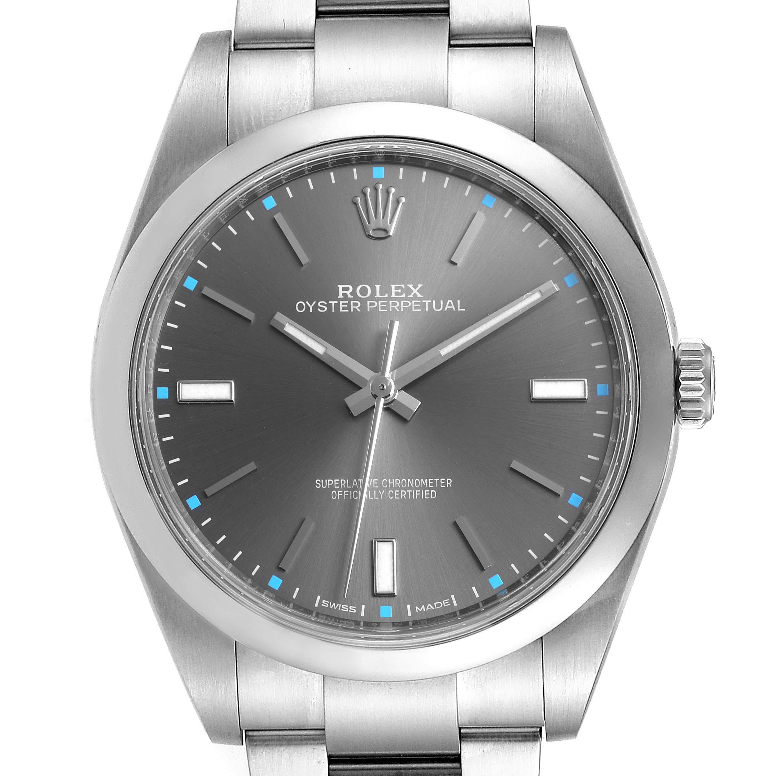 Front view of the Rolex Oyster Perpetual 114300 Men's Stainless Steel Silver Dial 114300 Men's Stainless Steel Silver Dial watch showing the dial, hands, and part of the bracelet.