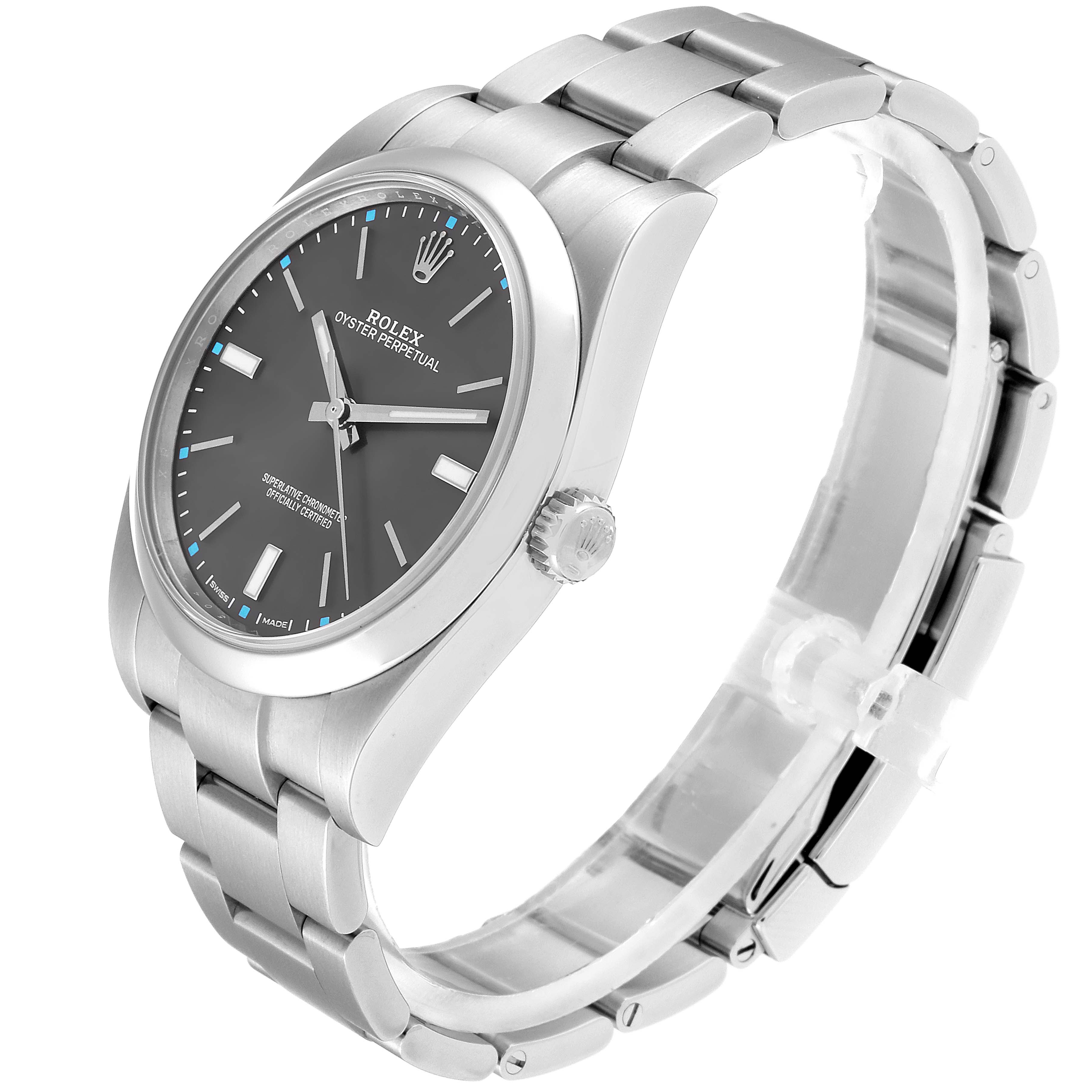 The Rolex Oyster Perpetual 114300 Men's Stainless Steel Silver Dial 114300 Men's Stainless Steel Silver Dial watch is shown at a three-quarter angle, displaying the face, crown, and stainless steel bracelet.