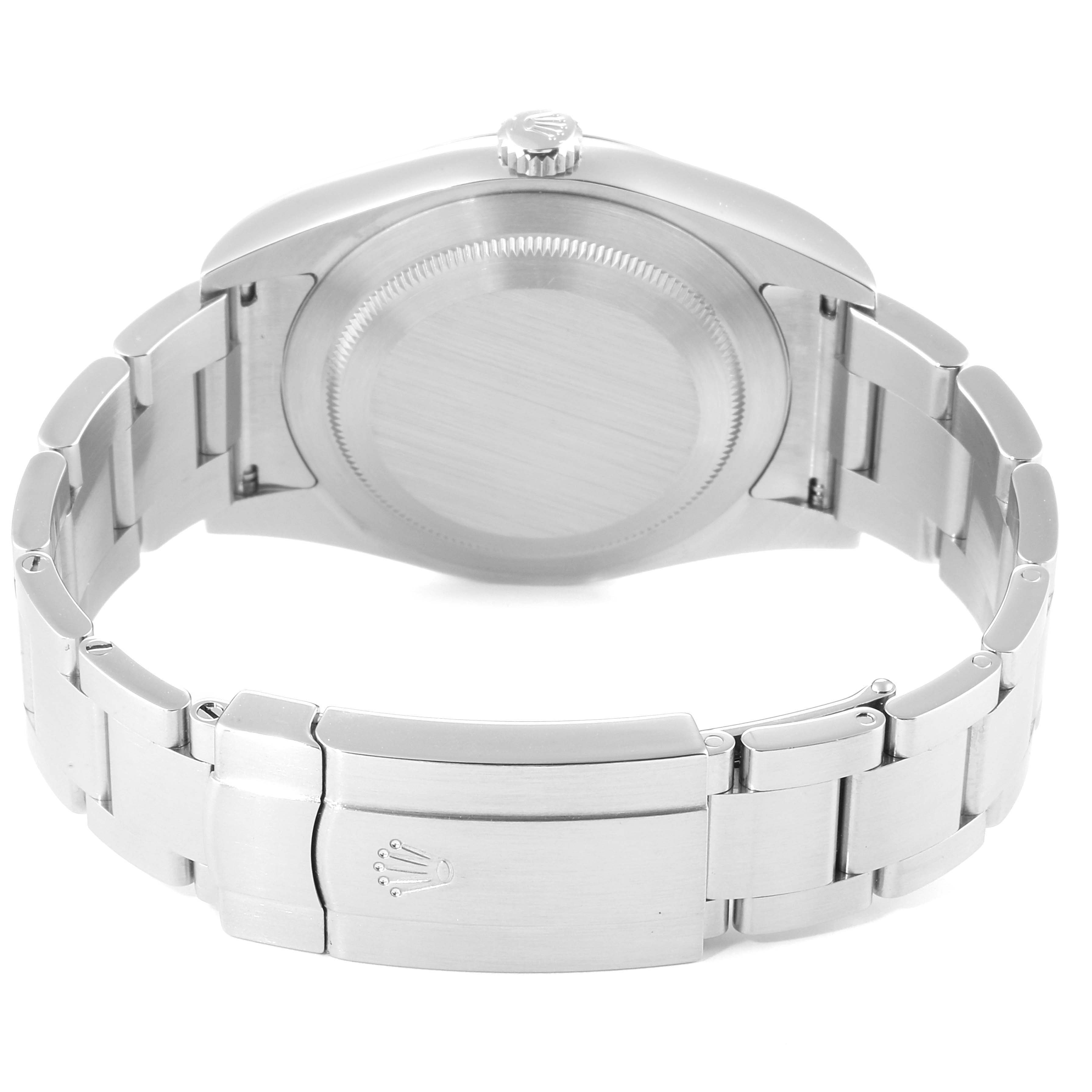 The image shows the back view of a Rolex Oyster Perpetual 114300 Men's Stainless Steel Silver Dial 114300 Men's Stainless Steel Silver Dial model watch, displaying the case back and stainless steel bracelet with clasp.