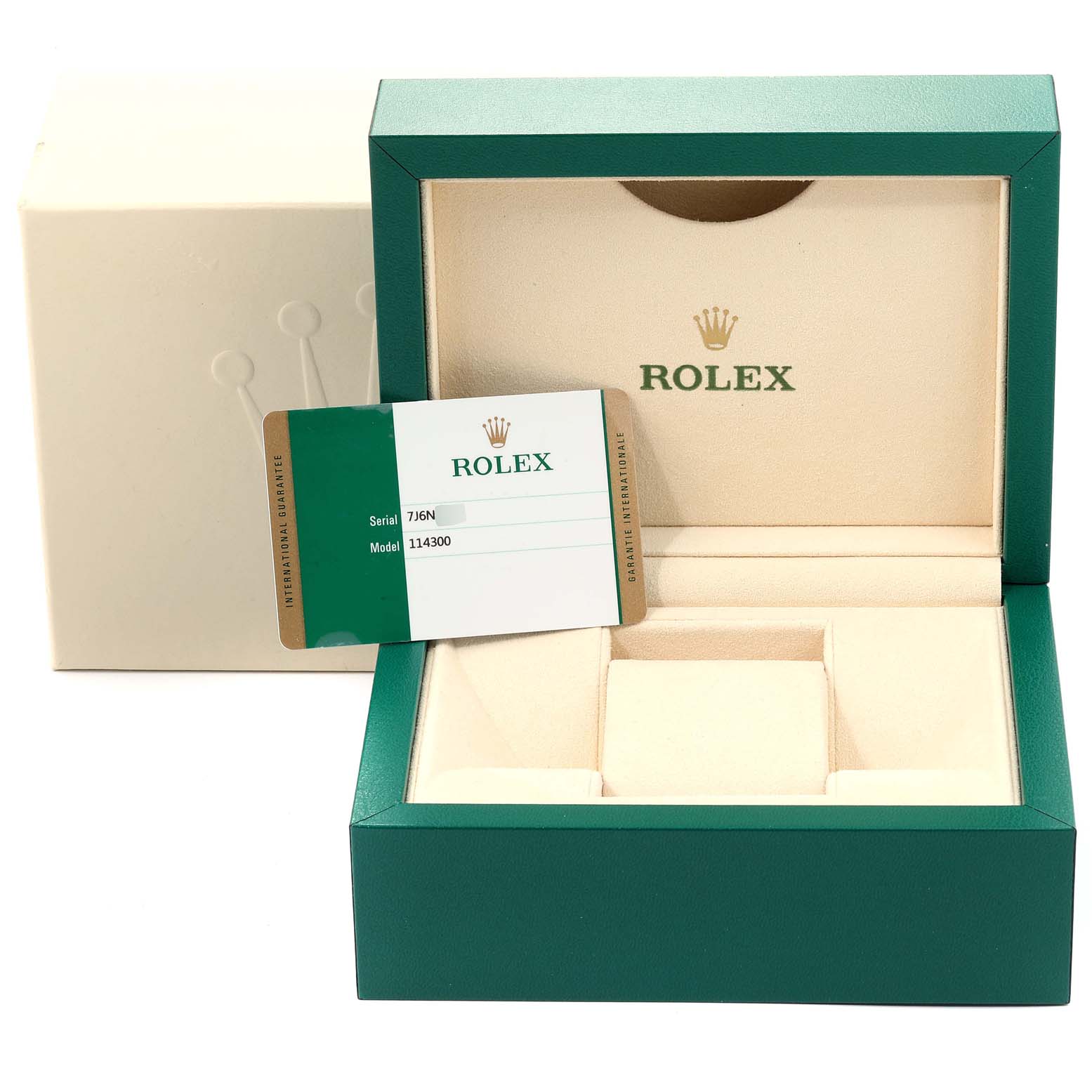 The image shows an open Rolex Oyster Perpetual 114300 Men's Stainless Steel Silver Dial 114300 Men's Stainless Steel Silver Dial watch box at a straight angle, with a warranty card on top.