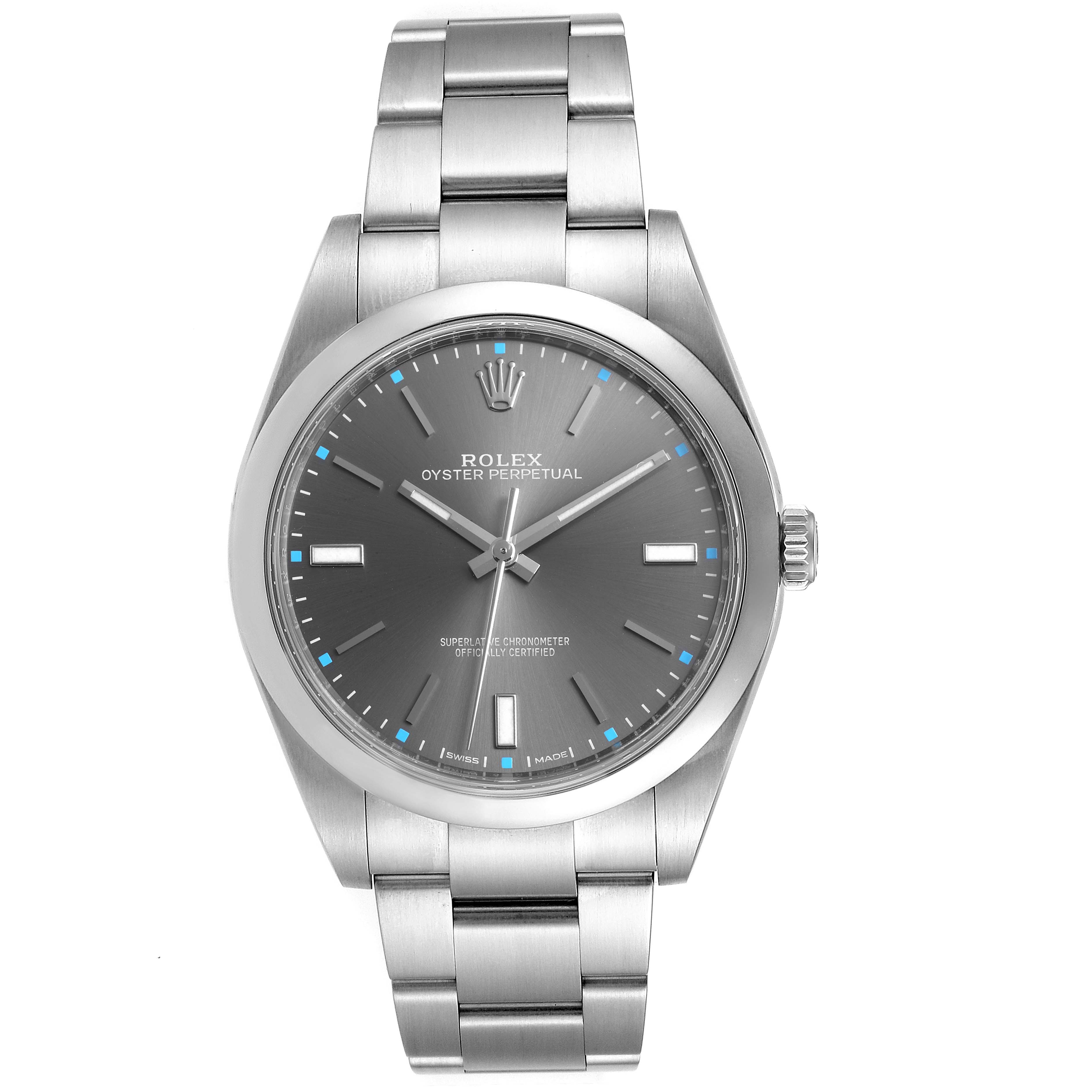 This image shows a front view of a Rolex Oyster Perpetual 114300 Men's Stainless Steel Silver Dial 114300 Men's Stainless Steel Silver Dial watch, displaying the face, case, and bracelet.