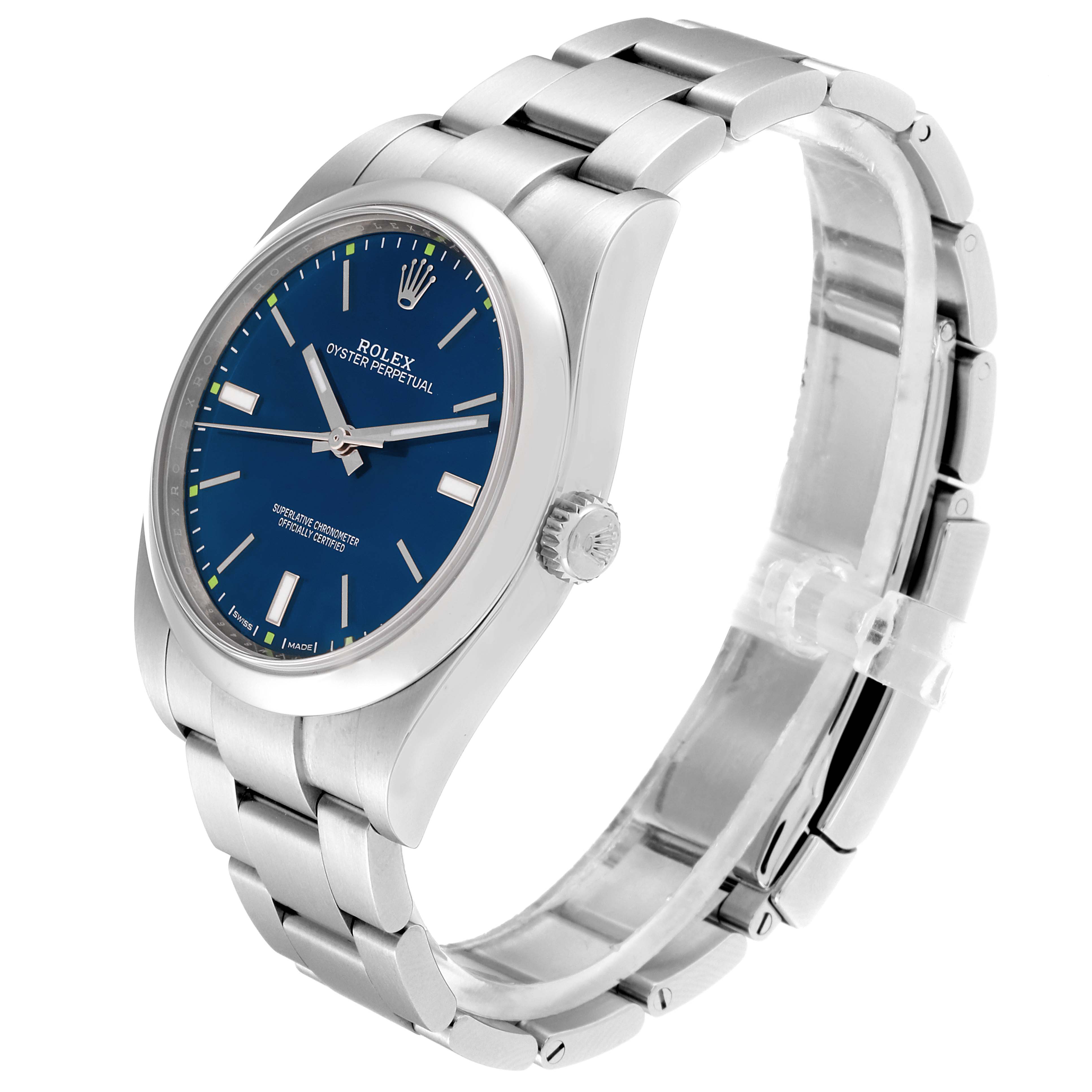 The image shows a side angle of a Rolex Oyster Perpetual 114300 Men's Stainless Steel Blue Dial 114300 Men's Stainless Steel Blue Dial watch, highlighting the blue dial, bezel, case, and stainless steel bracelet.