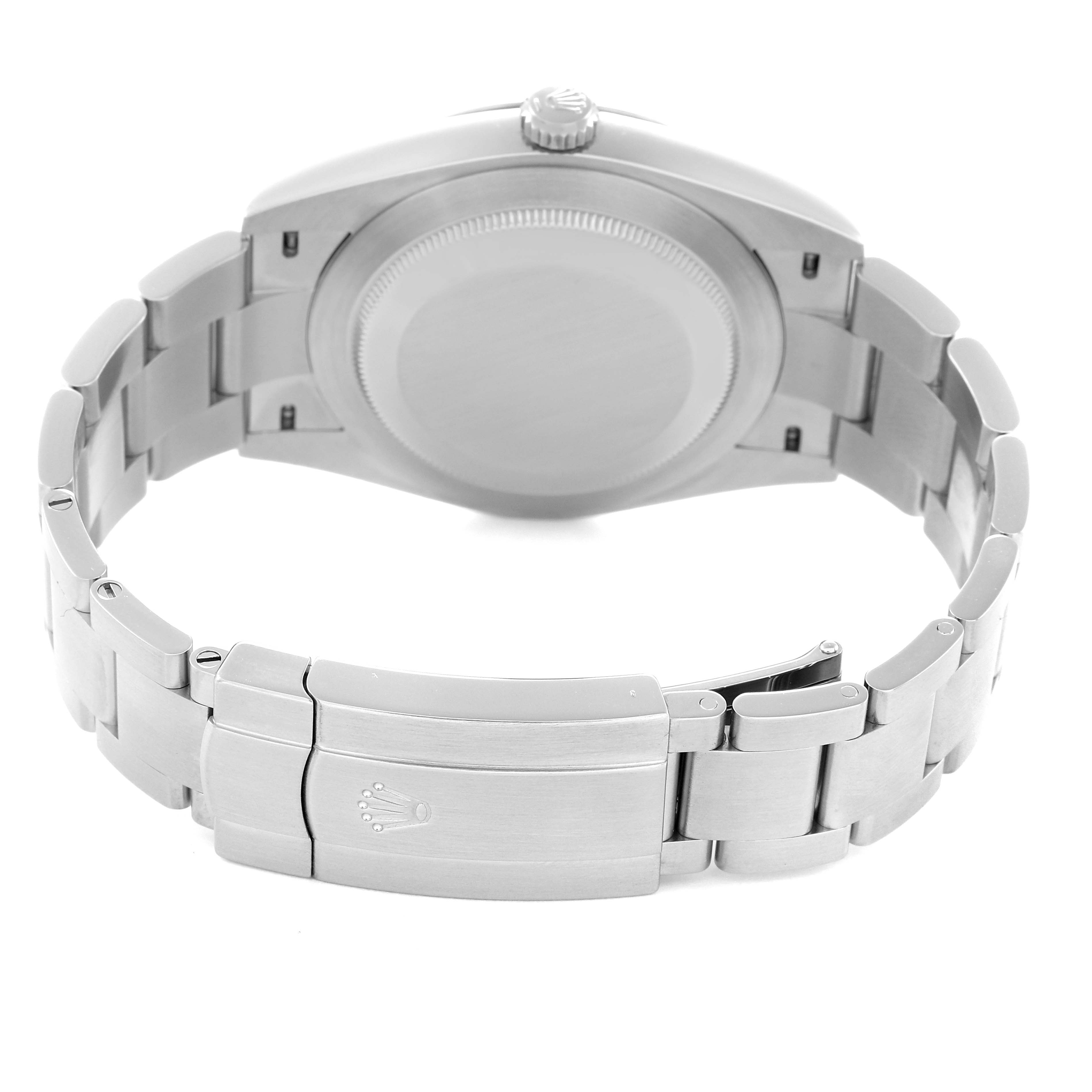 The image shows the back and bracelet clasp of a Rolex Oyster Perpetual men's watch, model 124300, highlighting its sleek metal finish and crown logo.