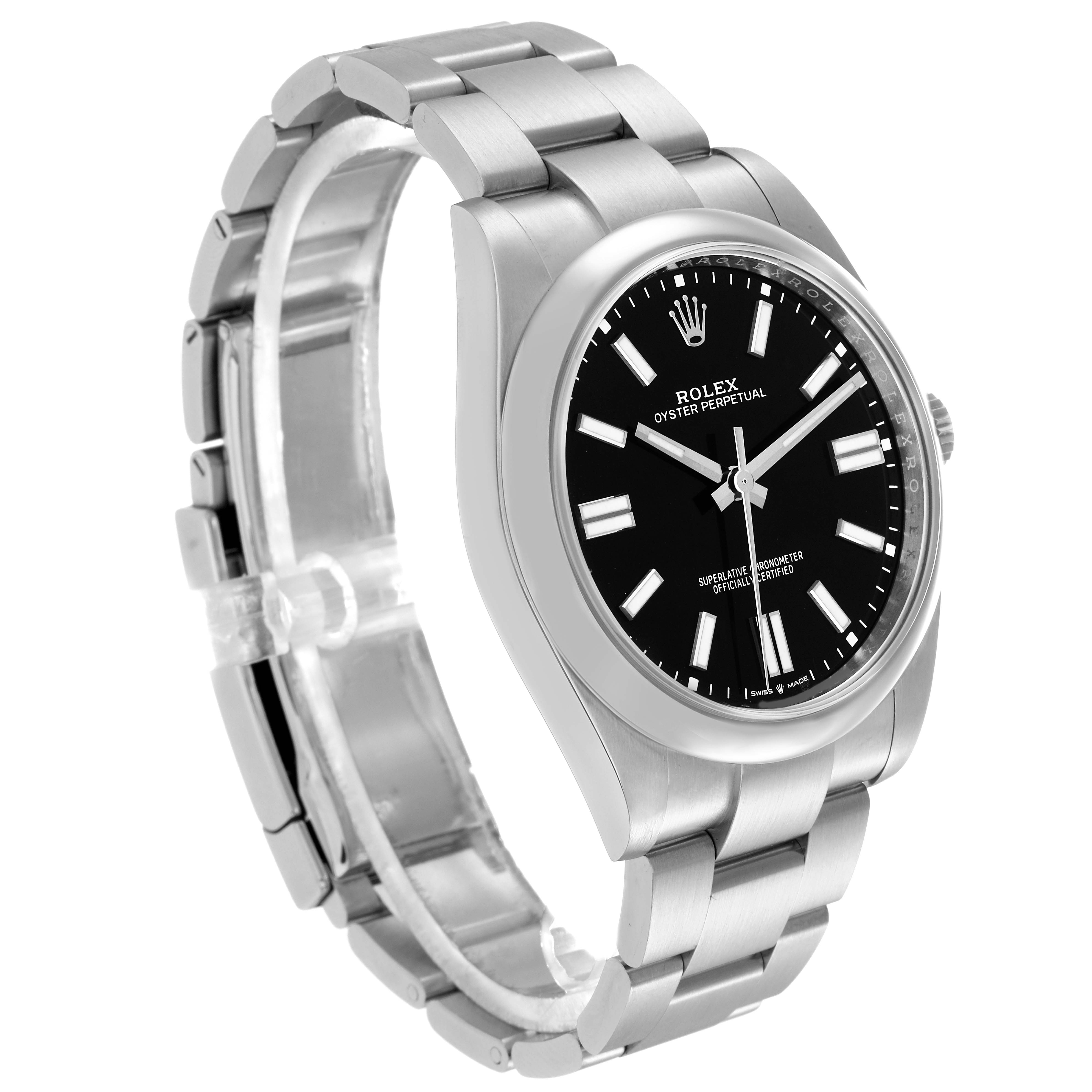 The Rolex Oyster Perpetual model 124300 is shown at a slight angle, highlighting the black dial, stainless steel bracelet, and signature crown logo.